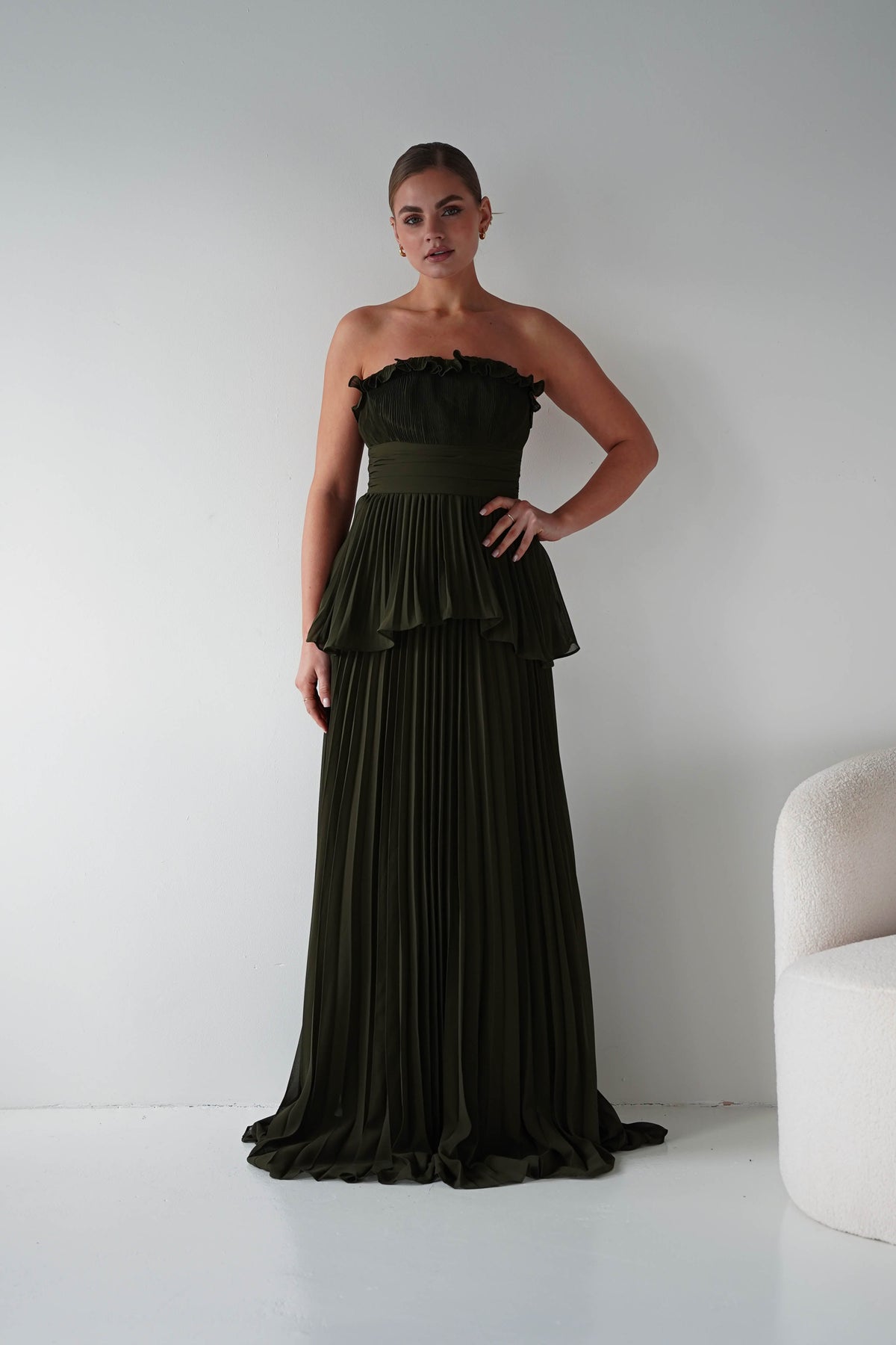 Shania Strapless Pleated Maxi Dress | Olive-Oh Hello Clothing