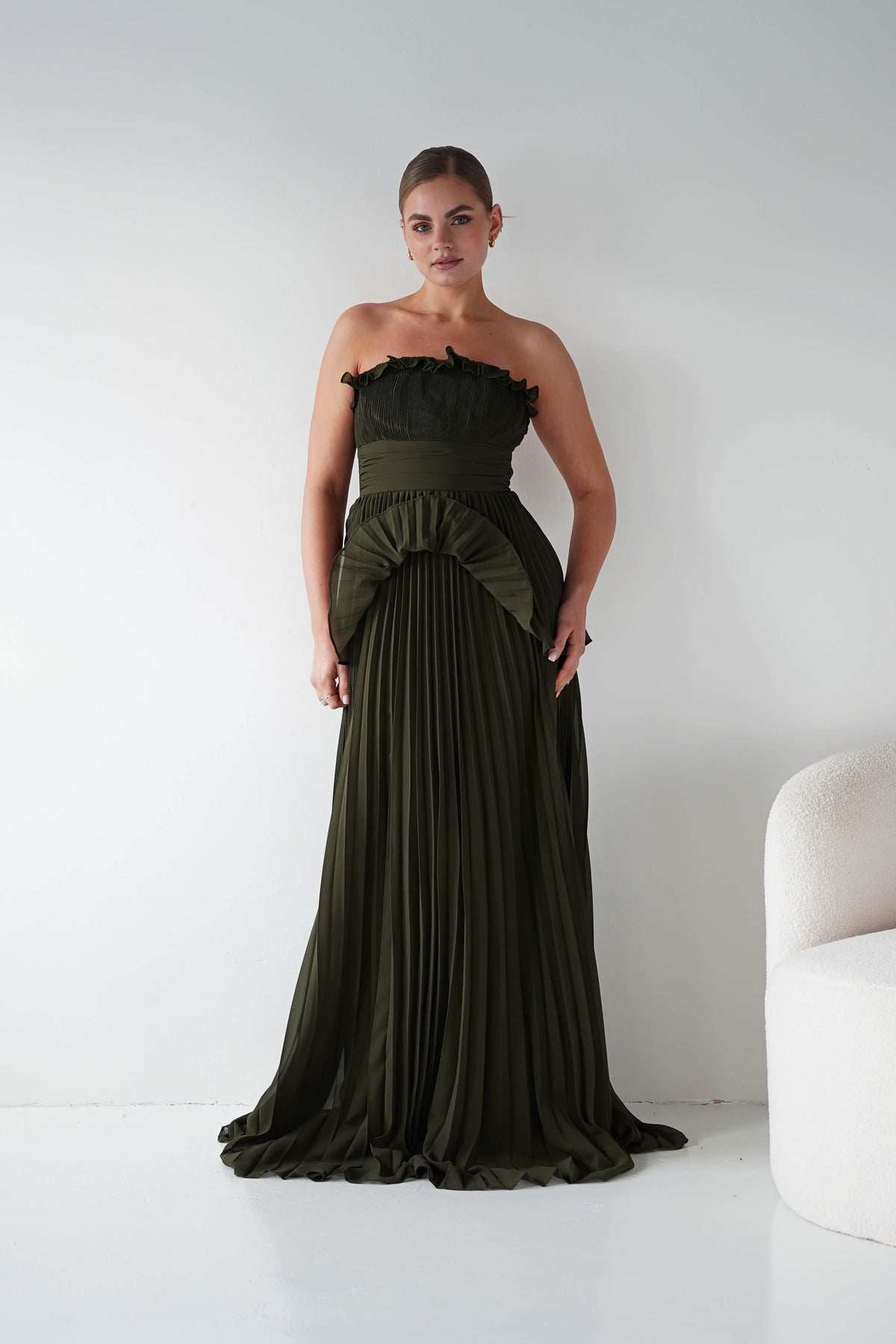 Shania Strapless Pleated Maxi Dress | Olive-Oh Hello Clothing