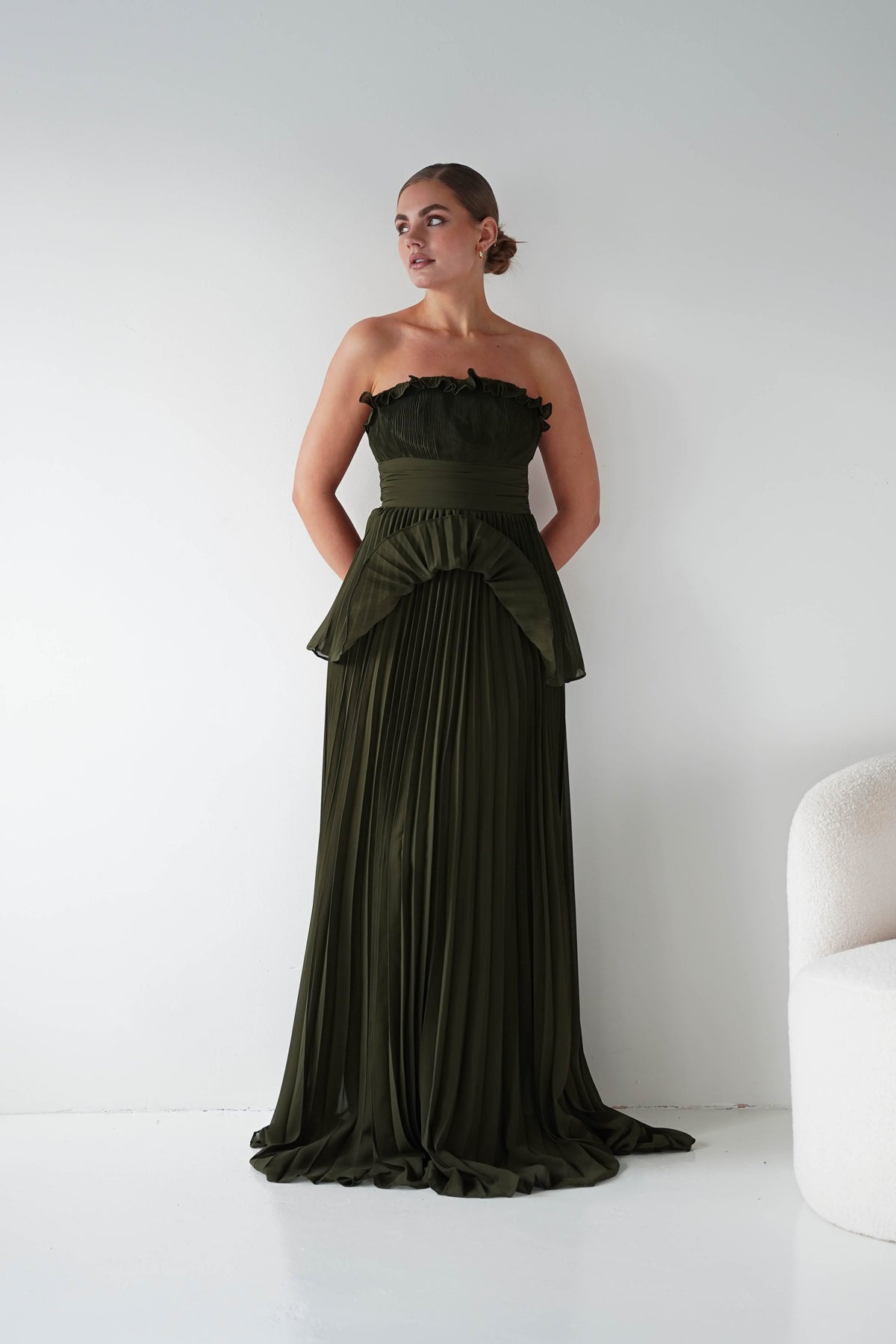 Shania Strapless Pleated Maxi Dress | Olive-Oh Hello Clothing