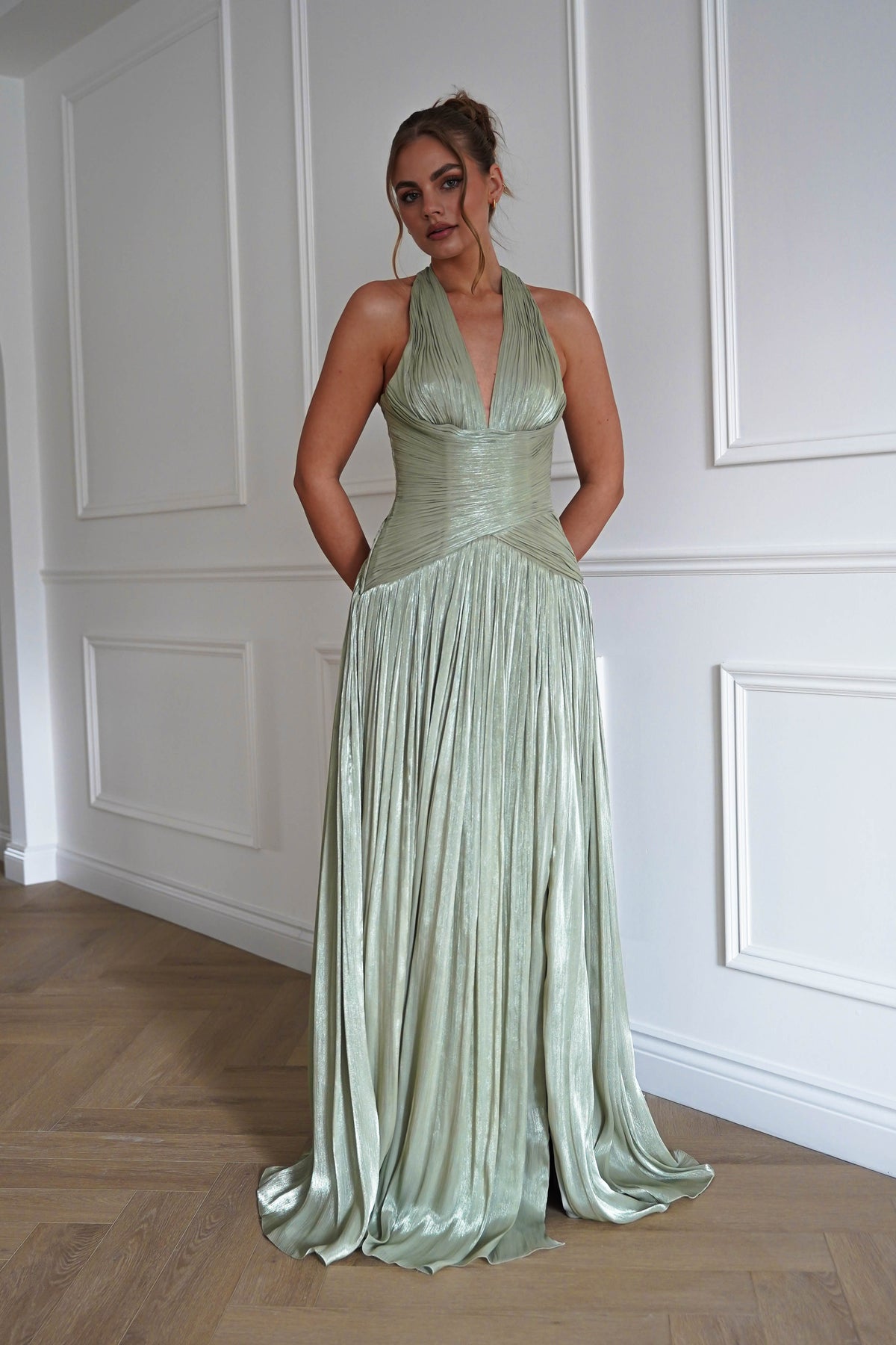 Sharelle Pleated Luminescent Maxi Gown | Sage-Oh Hello Clothing
