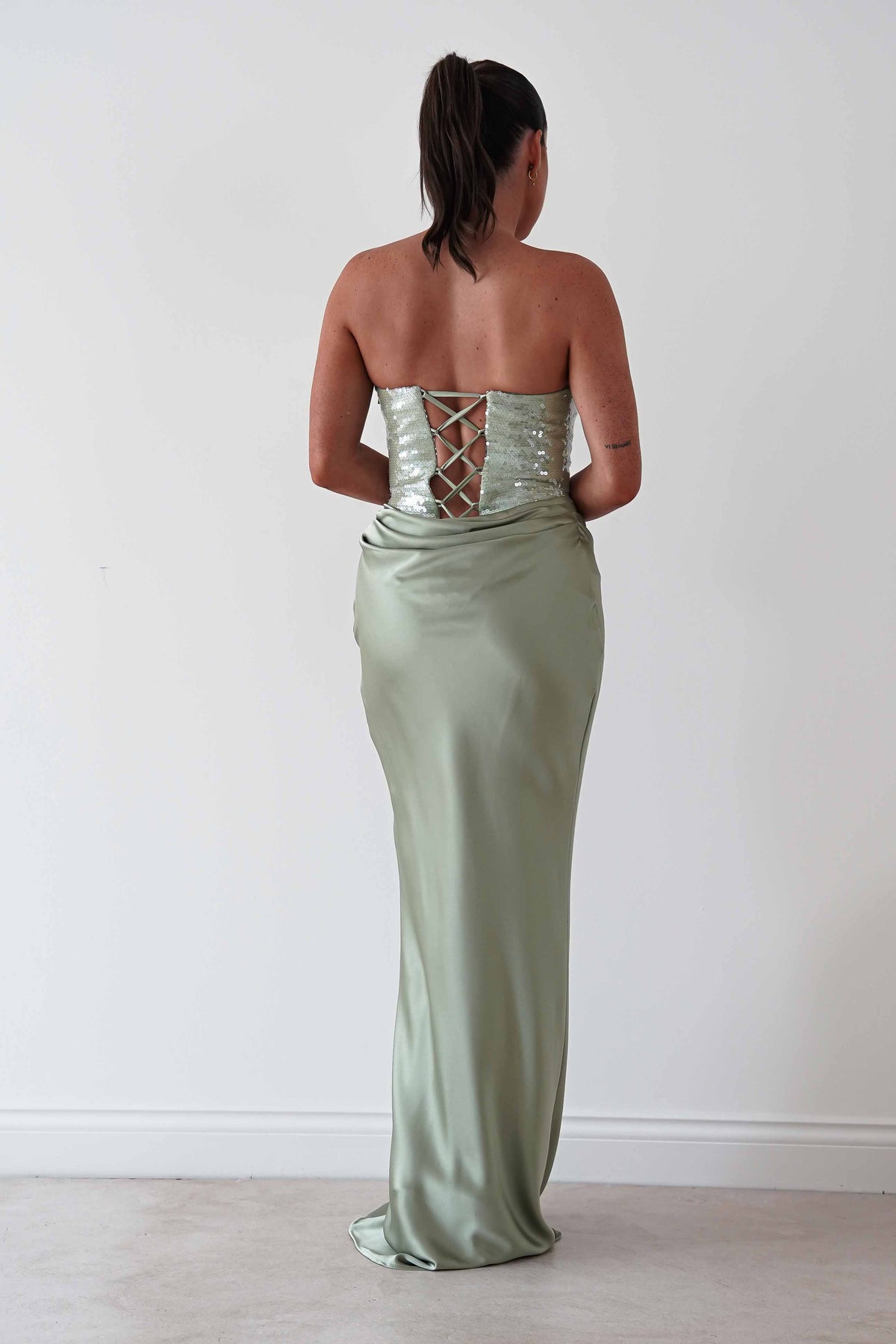 Sienne Strapless Sequin Satin Maxi Dress | Sage-Oh Hello Clothing