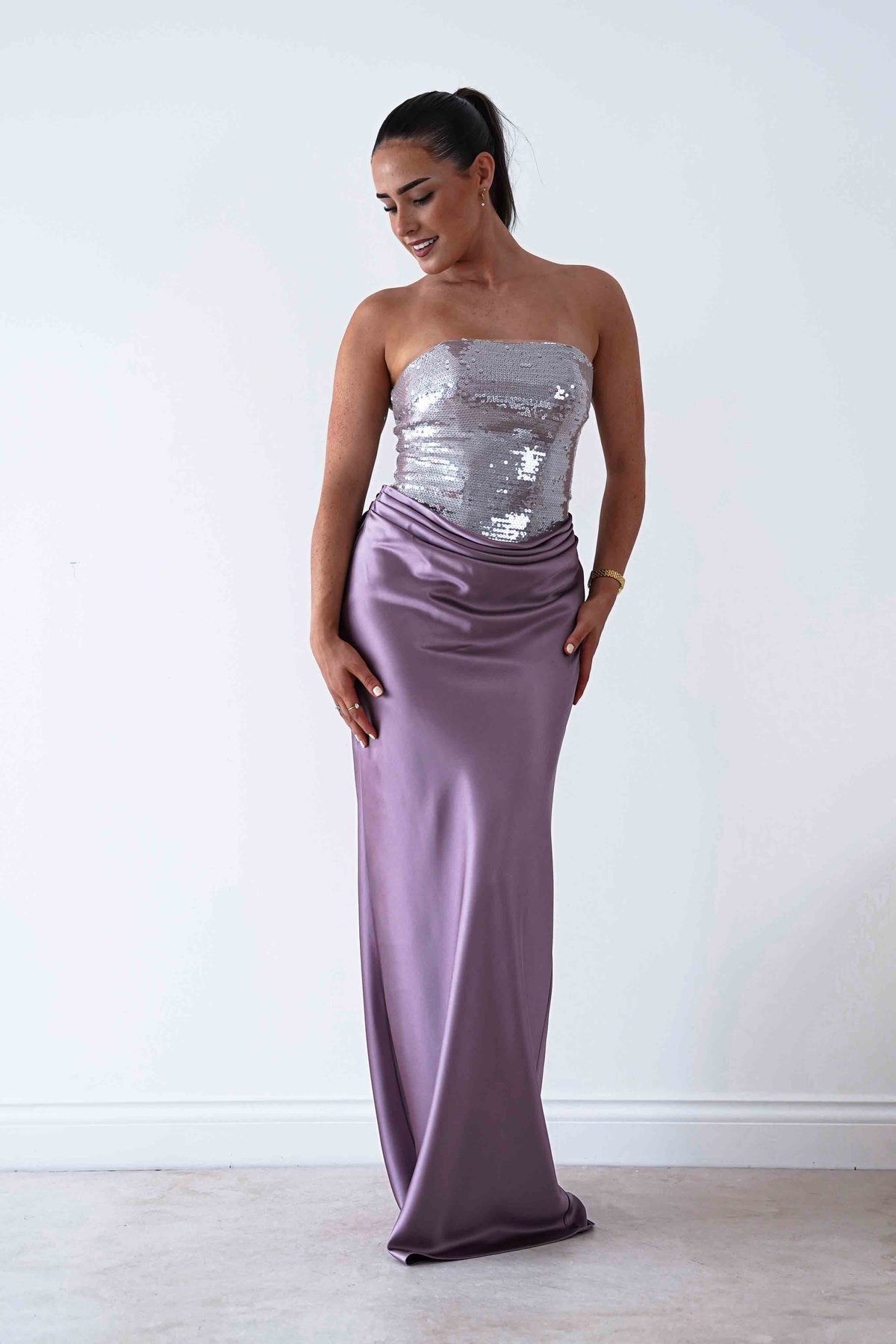 Sienne Strapless Sequin Satin Maxi Dress | Taupe-Oh Hello Clothing