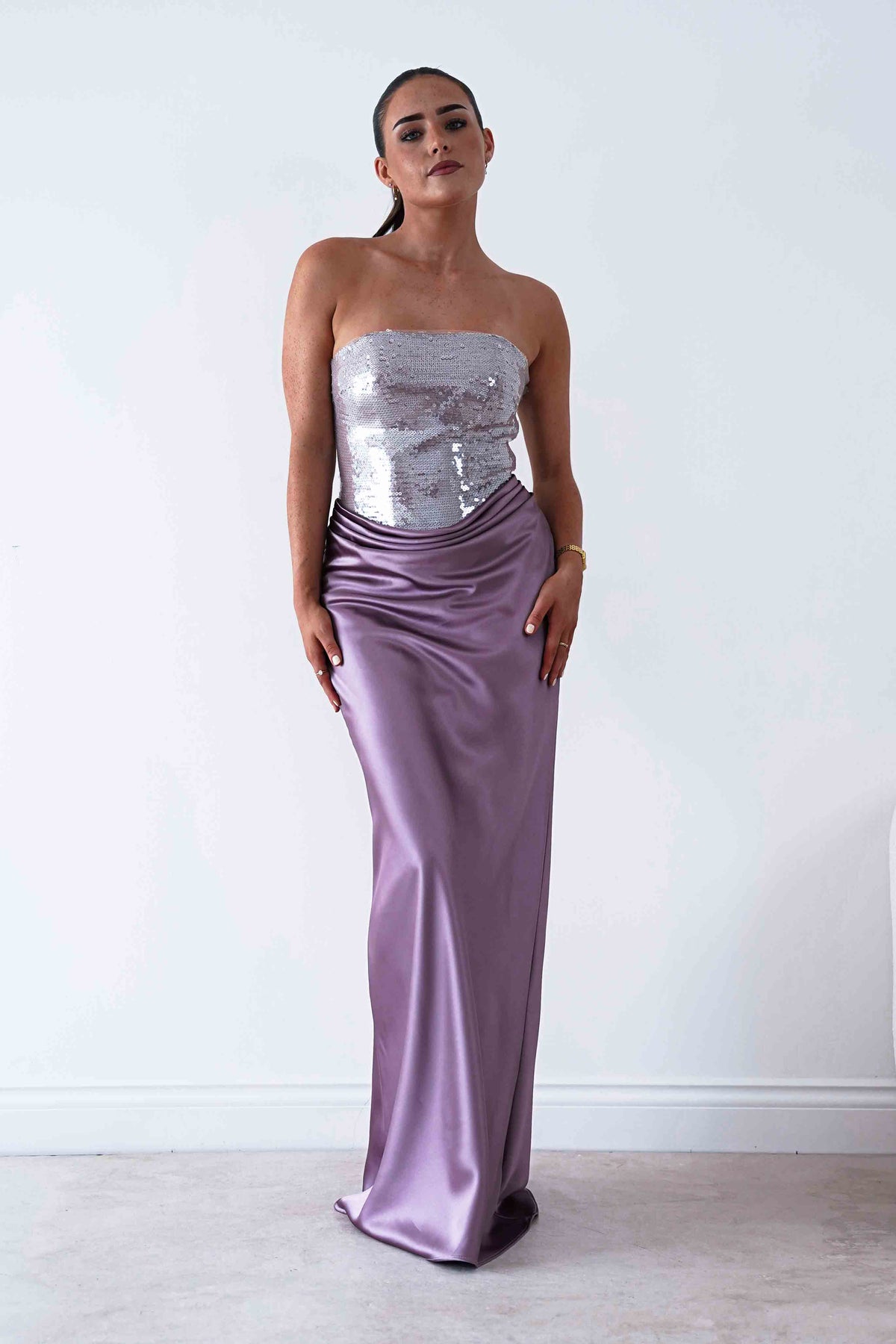 Sienne Strapless Sequin Satin Maxi Dress | Taupe