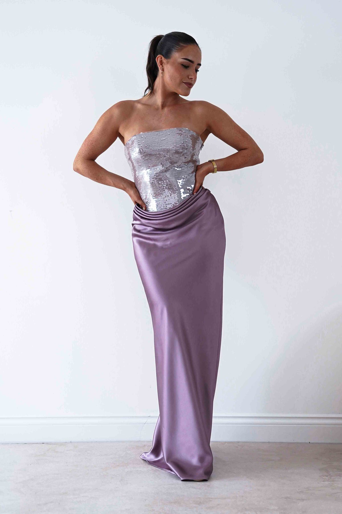 Sienne Strapless Sequin Satin Maxi Dress | Taupe-Oh Hello Clothing