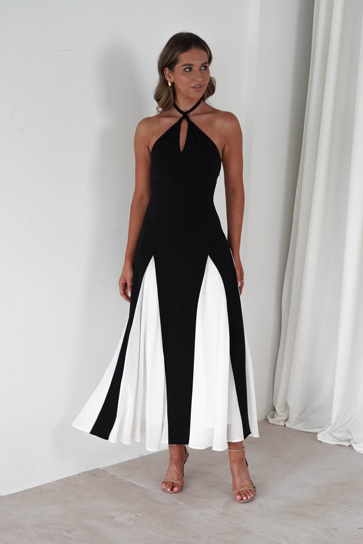 Silvana Halterneck Panel Maxi Dress | Black/White-Oh Hello Clothing