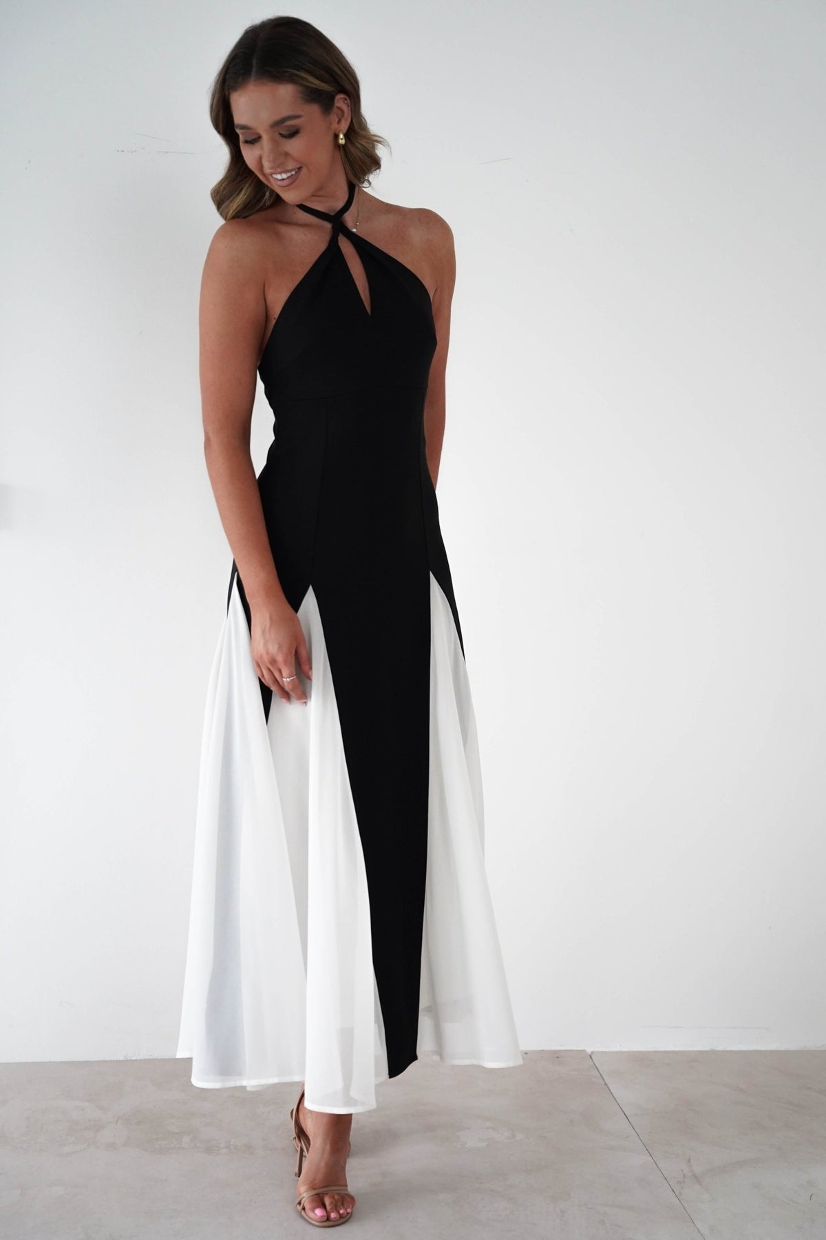 Silvana Halterneck Panel Maxi Dress | Black/White-Oh Hello Clothing