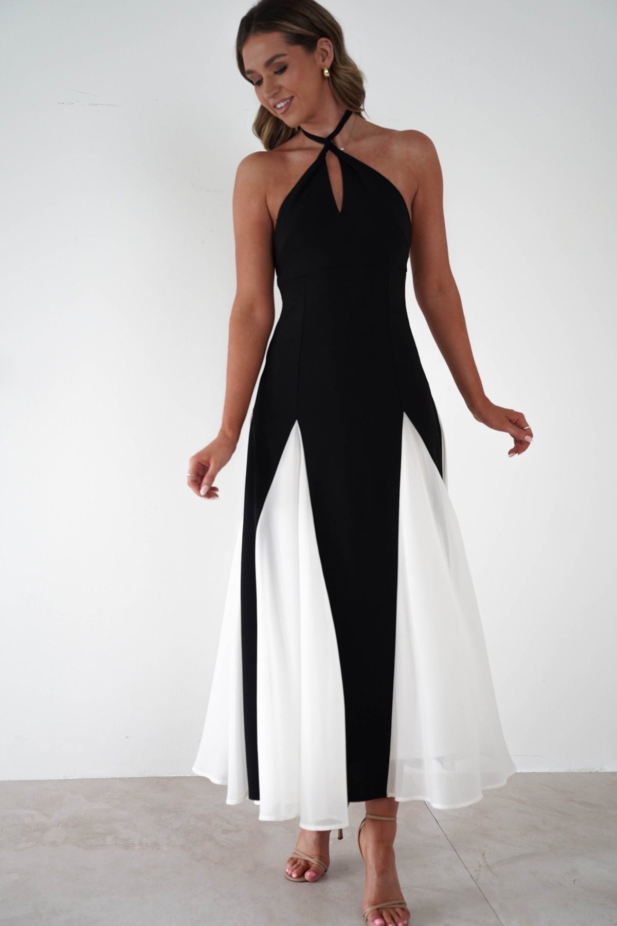 Silvana Halterneck Panel Maxi Dress | Black/White-Oh Hello Clothing