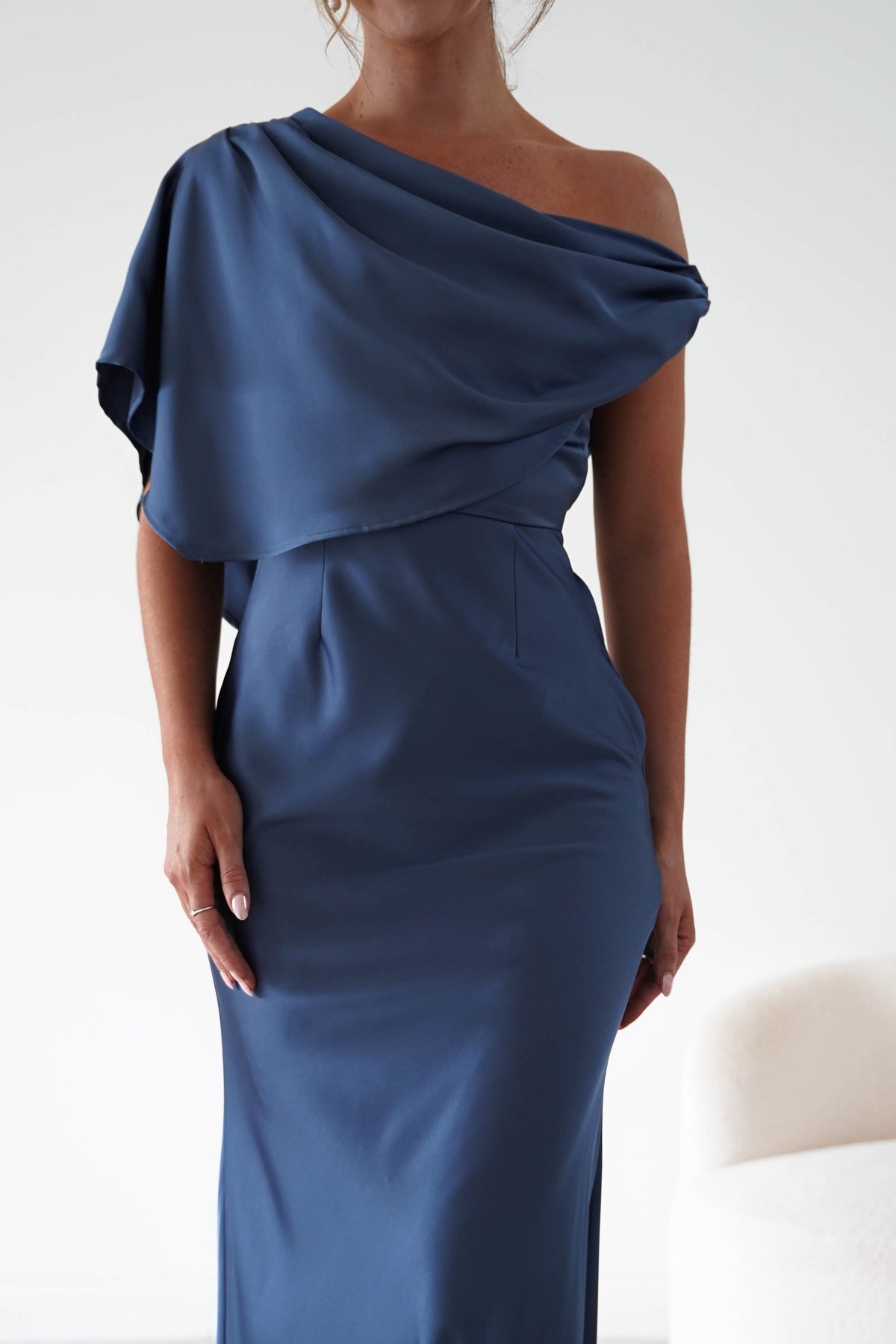 Sinead Satin Draped Maxi Dress | Slate Blue-Oh Hello Clothing