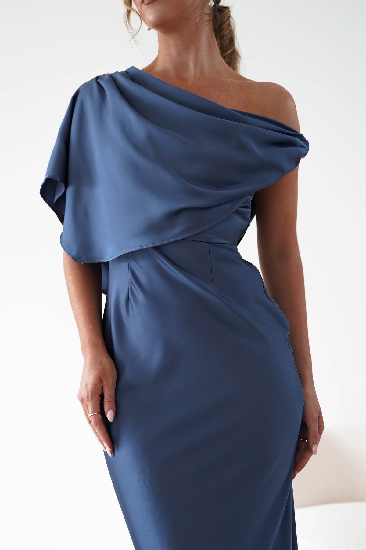 Sinead Satin Draped Maxi Dress | Slate Blue-Oh Hello Clothing