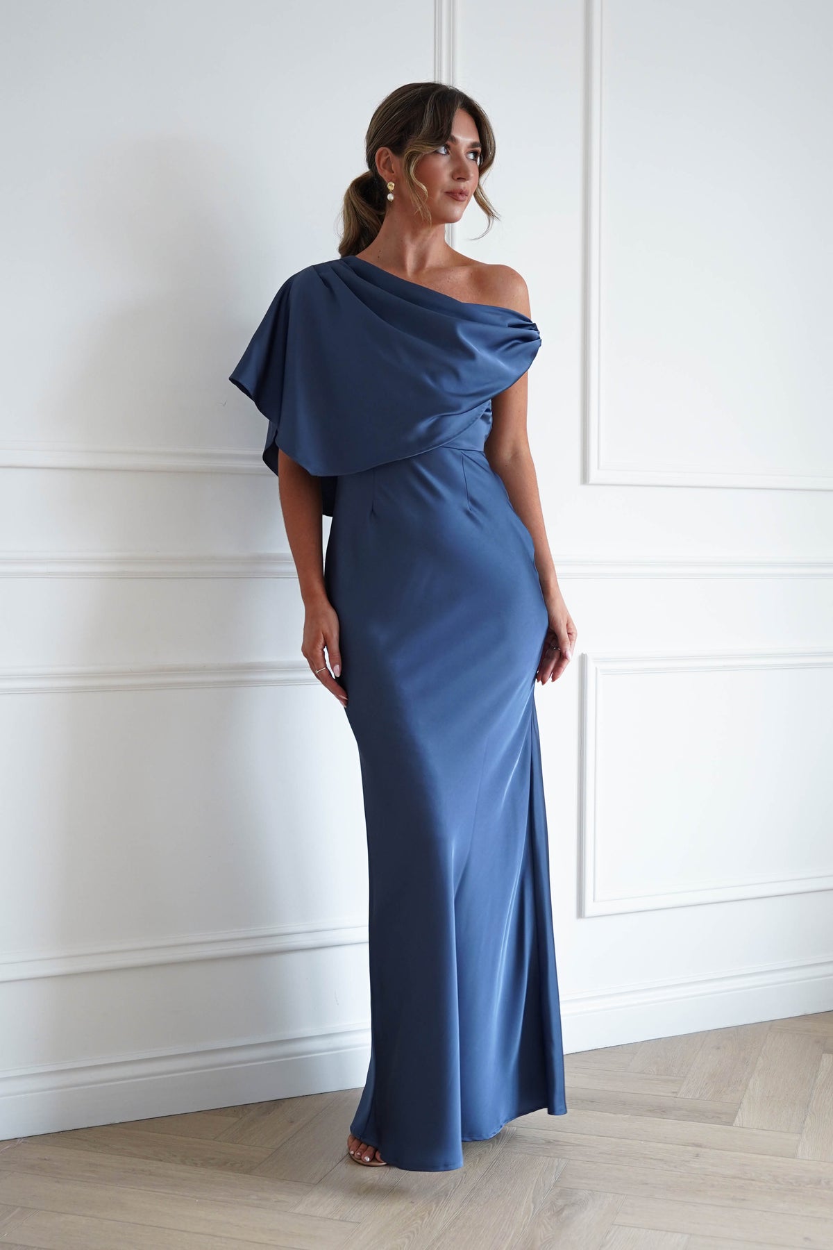 Sinead Satin Draped Maxi Dress | Slate Blue-Oh Hello Clothing
