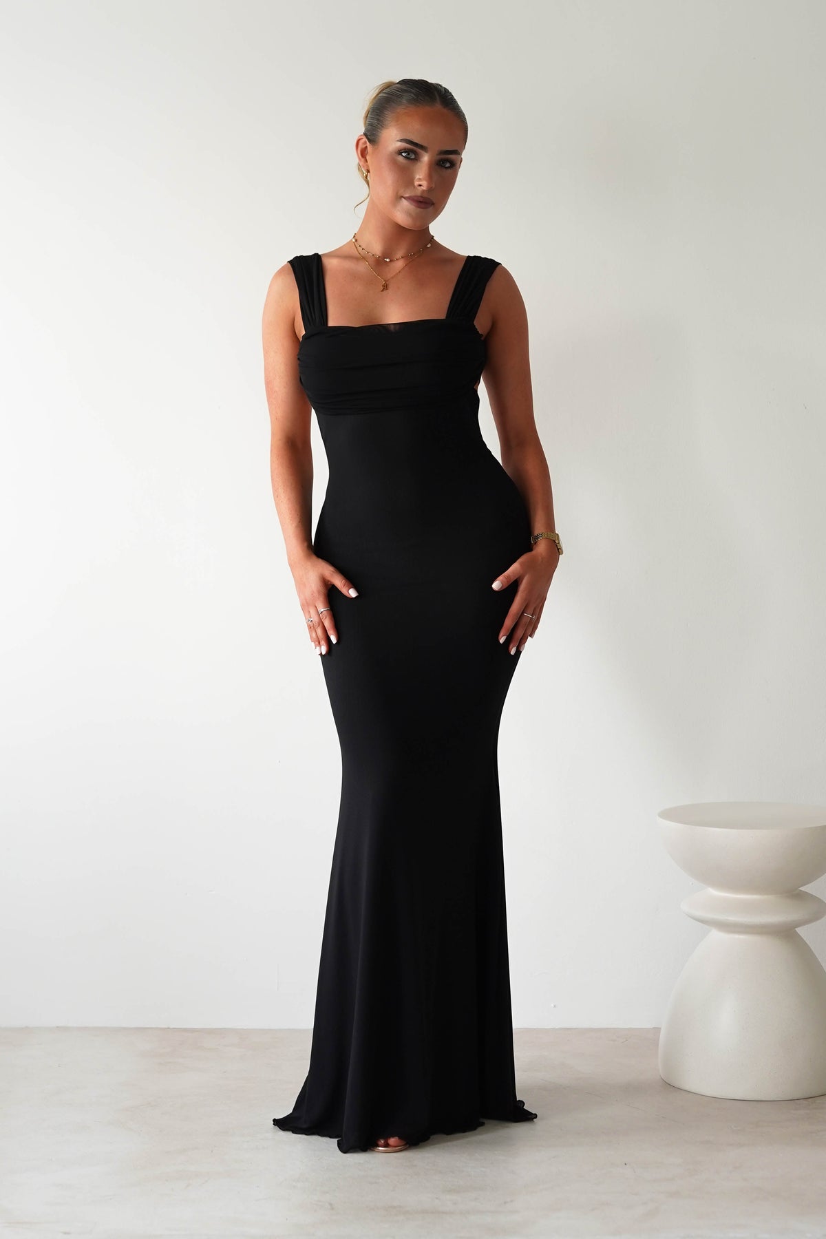 Sky Stretchy Mesh Backless Maxi Dress | Black-Oh Hello Clothing