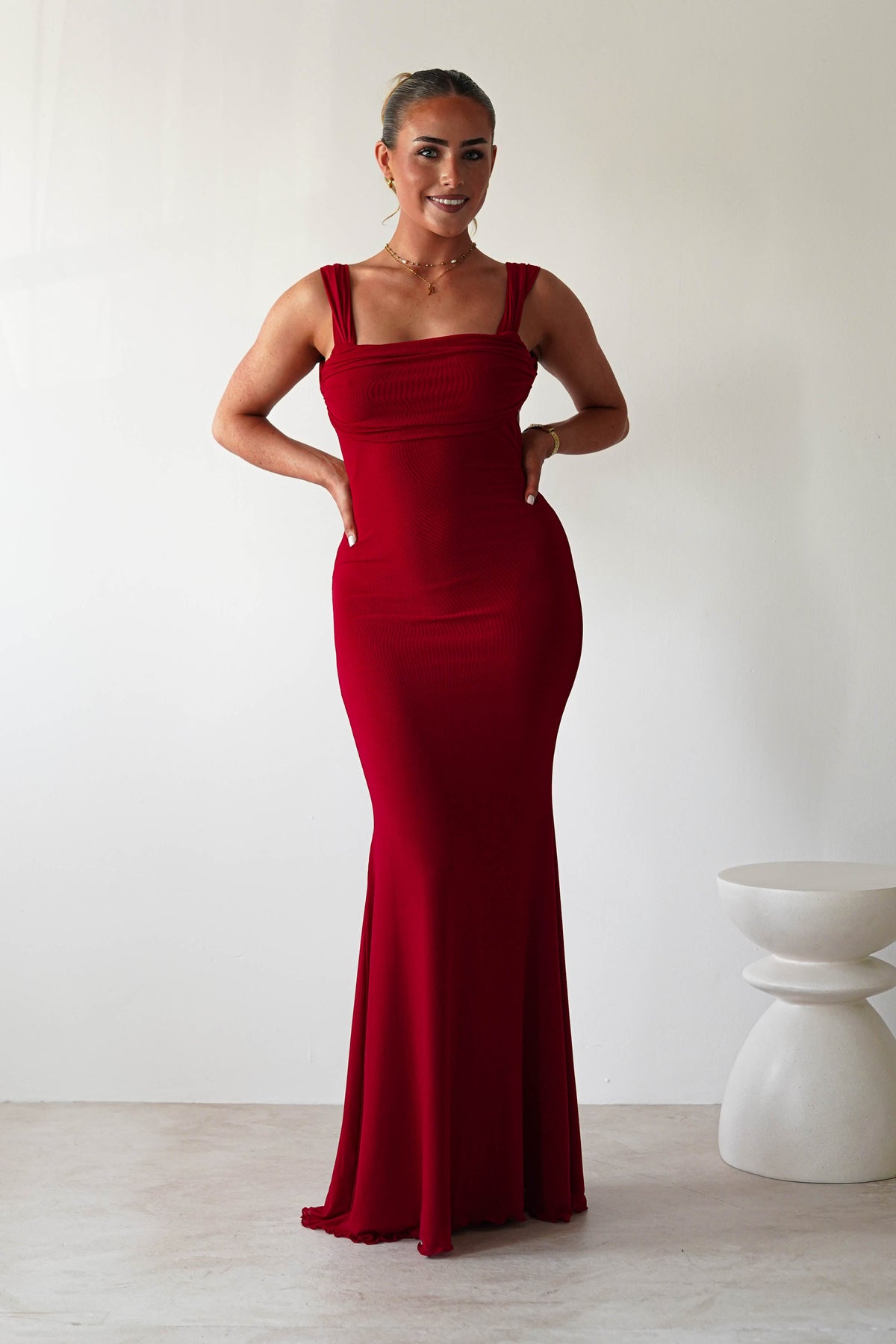 Sky Stretchy Mesh Backless Maxi Dress | Dark Red-Oh Hello Clothing