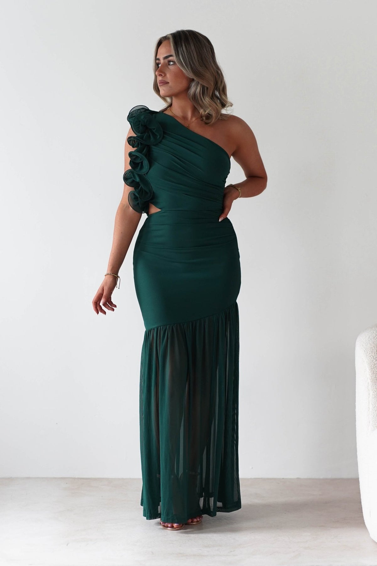 Stephanie Mesh Ruffle Maxi Dress | Forest Green-Oh Hello Clothing