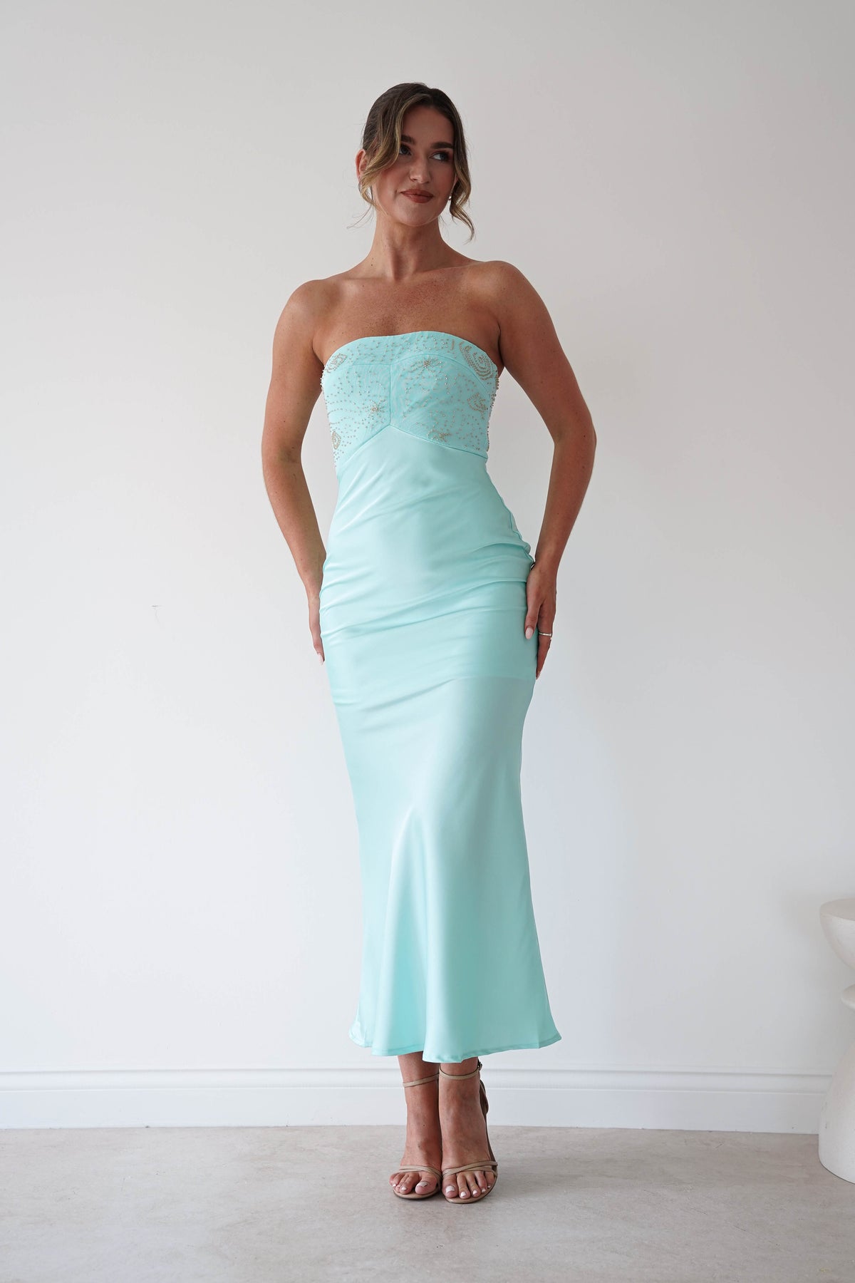 Sullivan Strapless Soft Satin Maxi Dress | Mint-Oh Hello Clothing