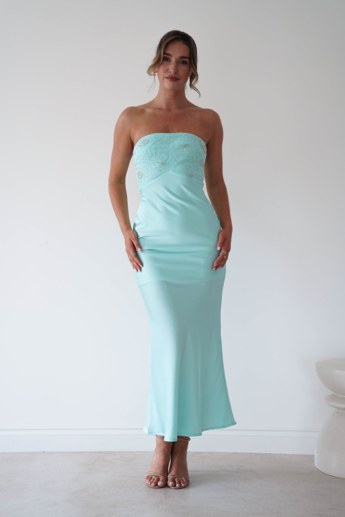 Sullivan Strapless Soft Satin Maxi Dress | Mint-Oh Hello Clothing