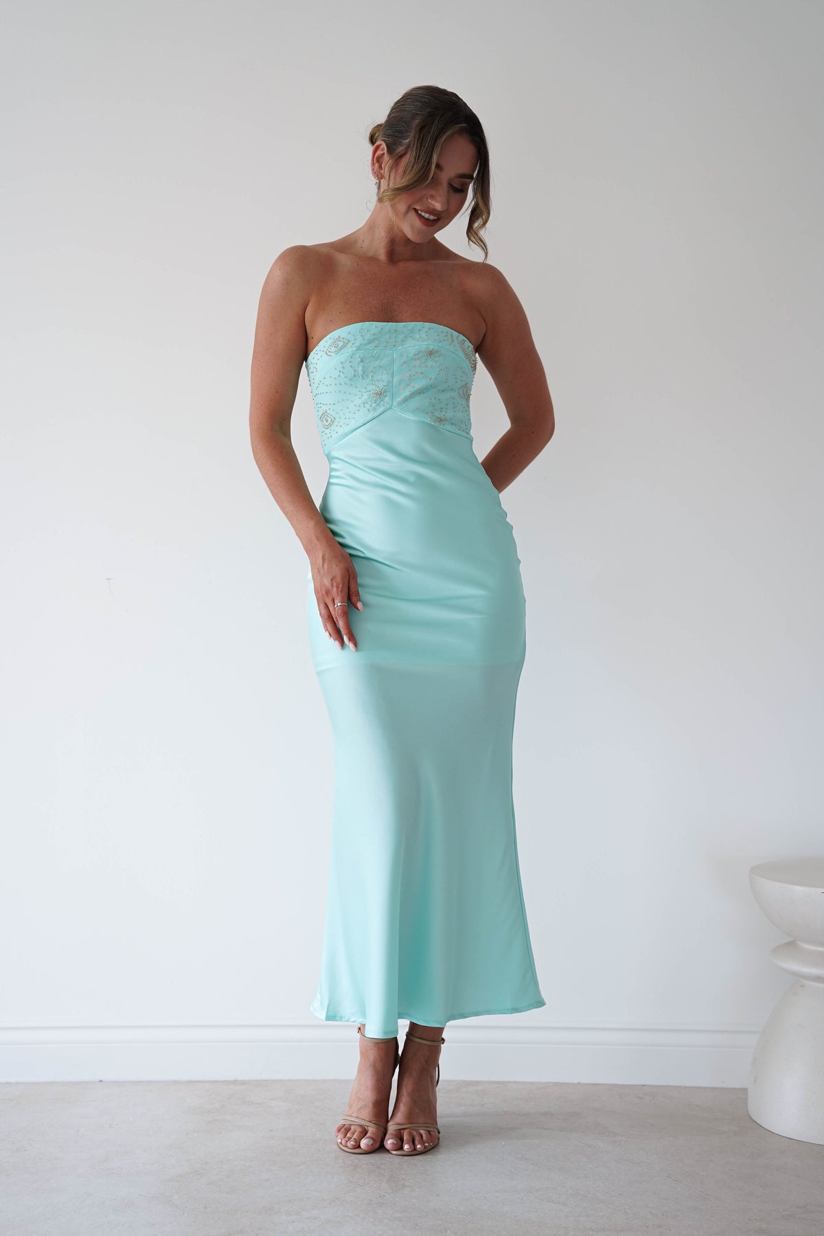 Sullivan Strapless Soft Satin Maxi Dress | Mint-Oh Hello Clothing