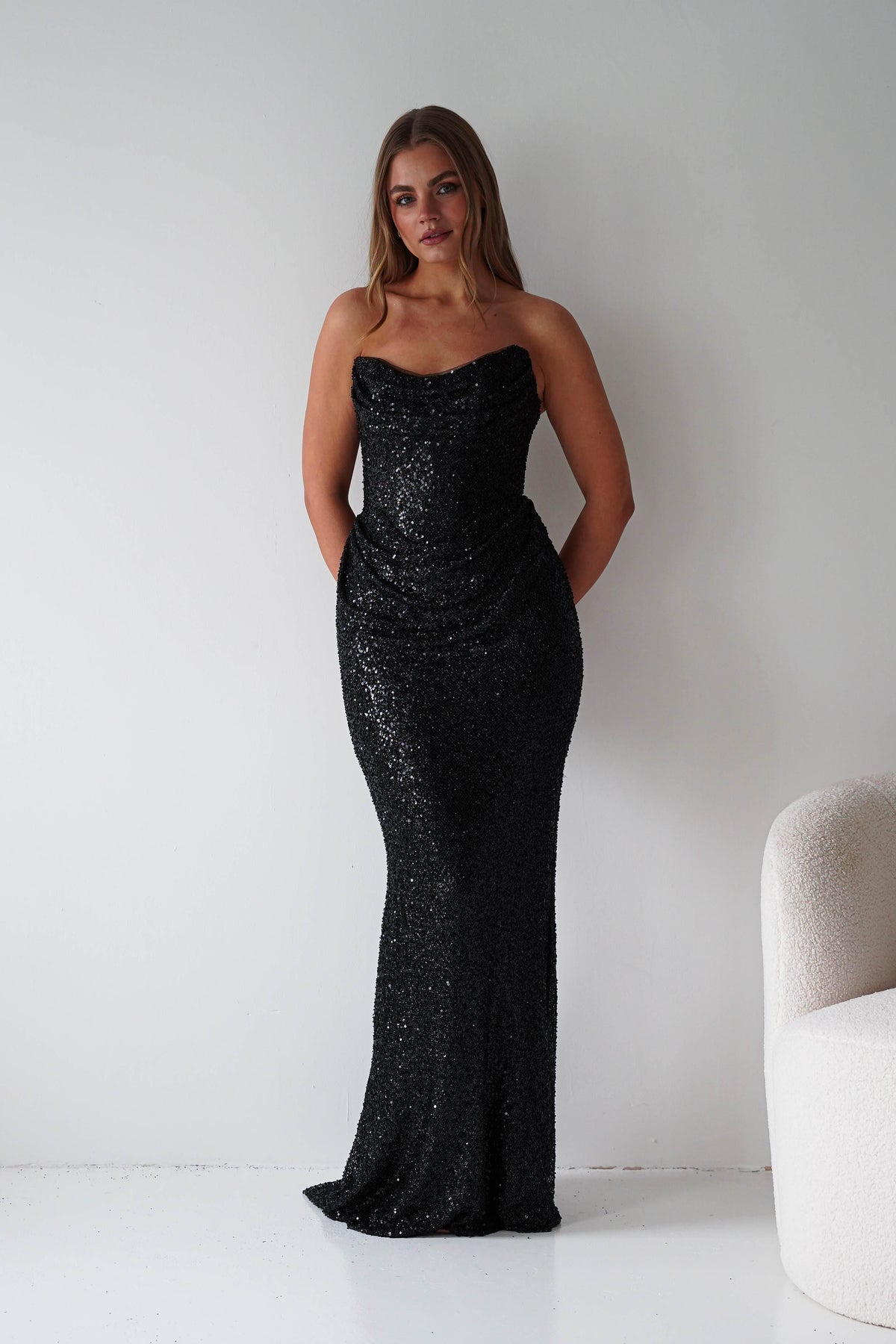 Sylvie Strapless Draped Embellished Gown | Black-Oh Hello Clothing