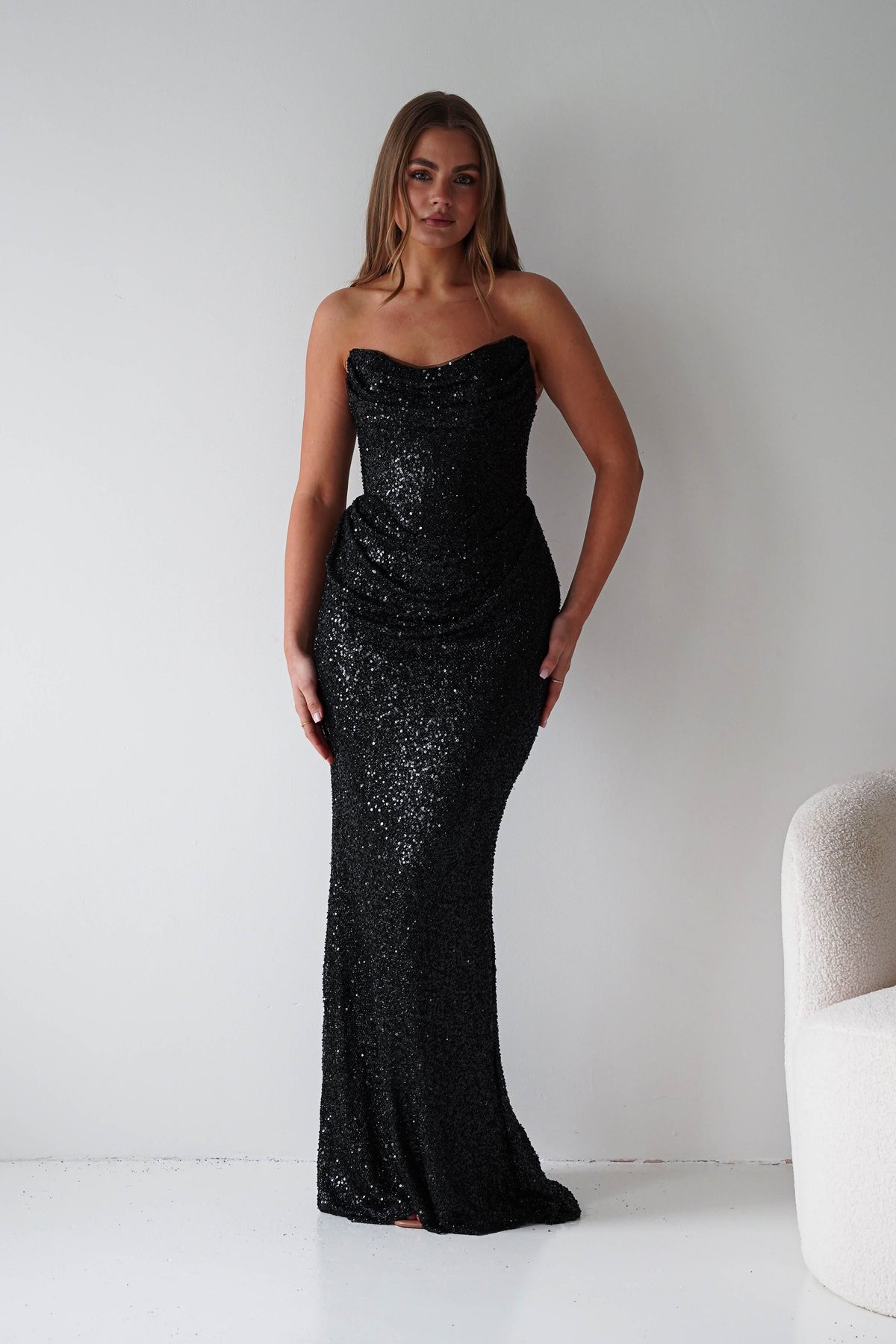 Sylvie Strapless Draped Embellished Gown | Black-Oh Hello Clothing