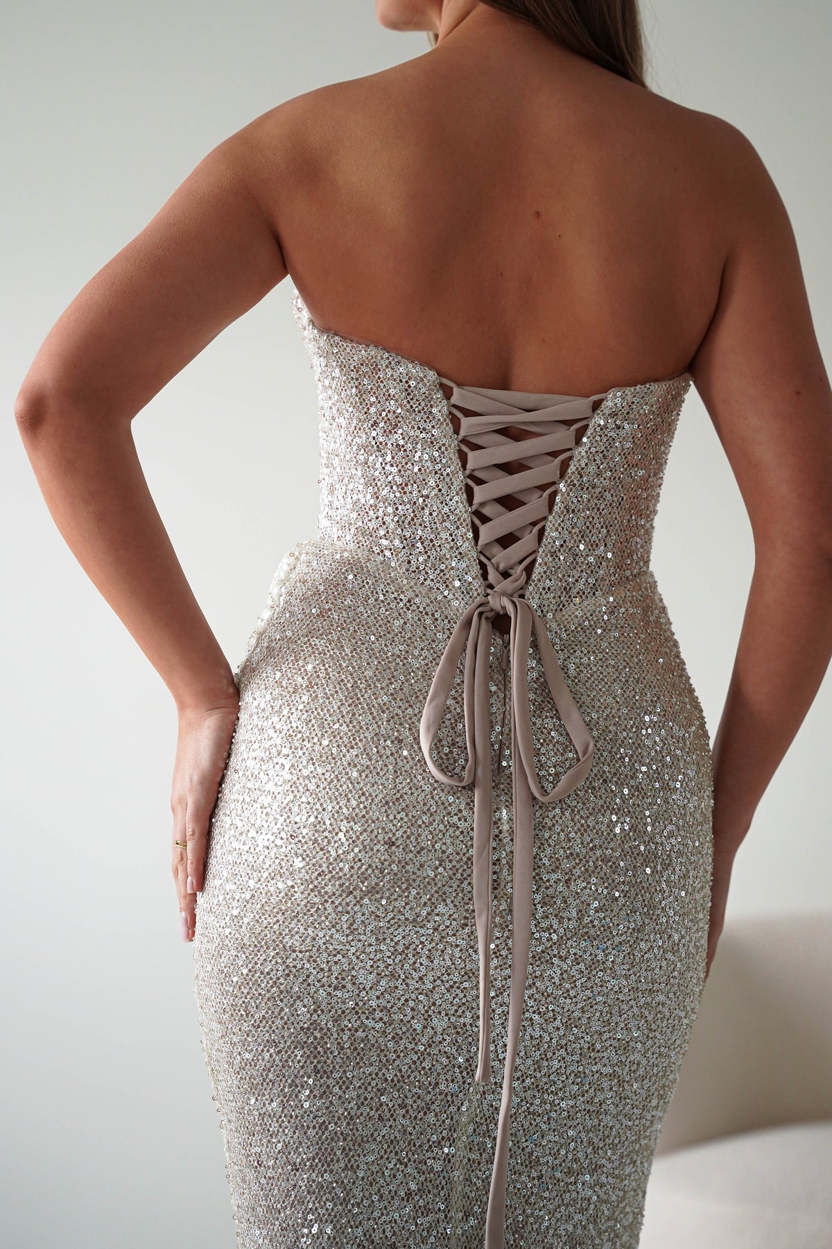 Sylvie Strapless Draped Embellished Gown | Platinum-Oh Hello Clothing