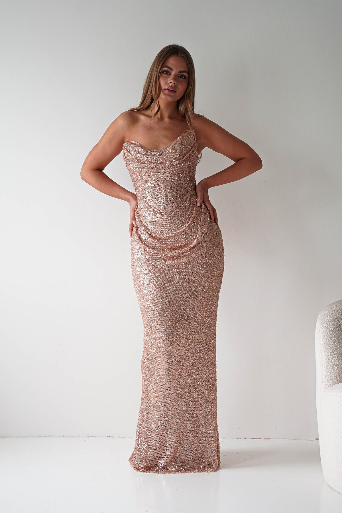 Sylvie Strapless Draped Embellished Gown | Rose Gold-Oh Hello Clothing