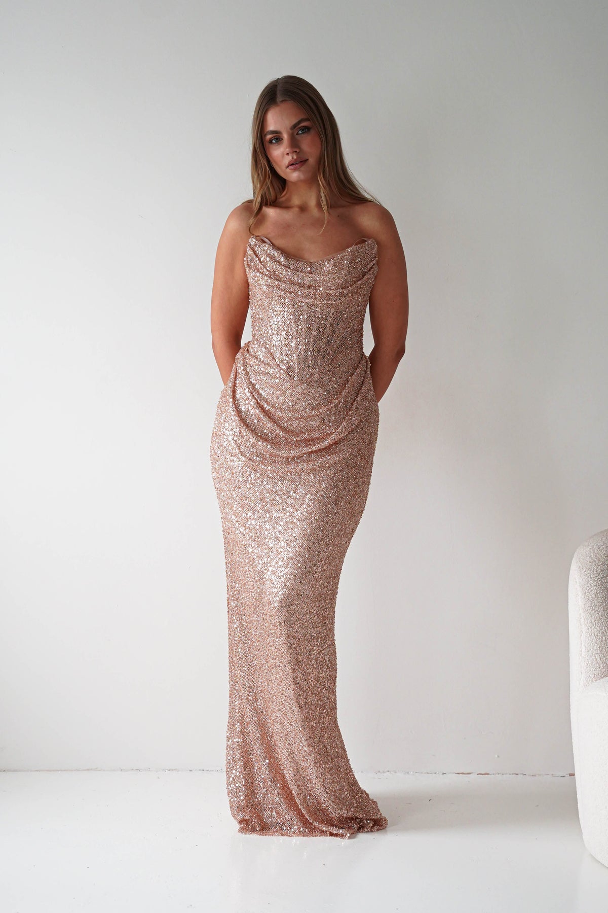 Sylvie Strapless Draped Embellished Gown | Rose Gold-Oh Hello Clothing