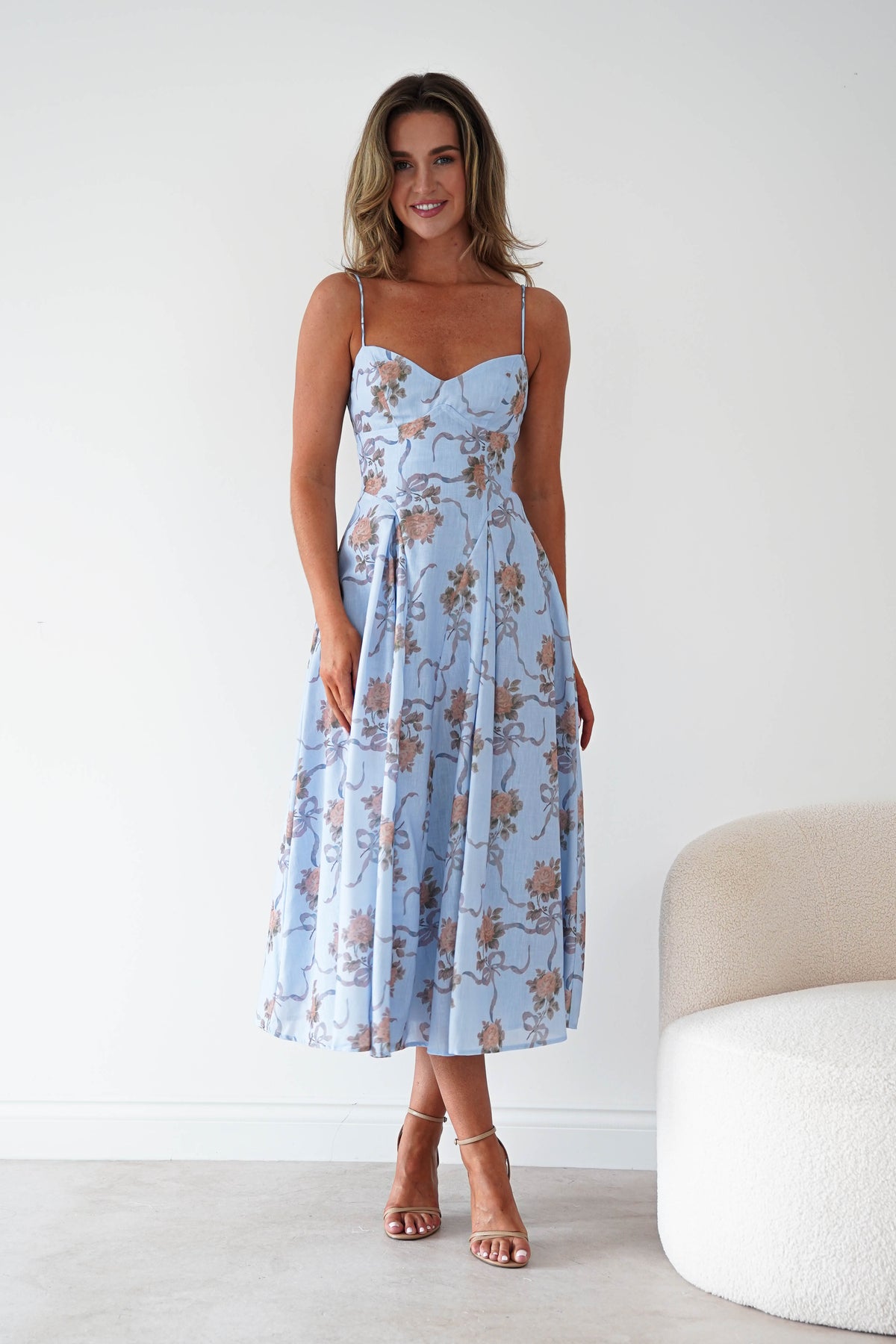 Tess Floral Print Skater Midaxi Dress | Blue-Oh Hello Clothing