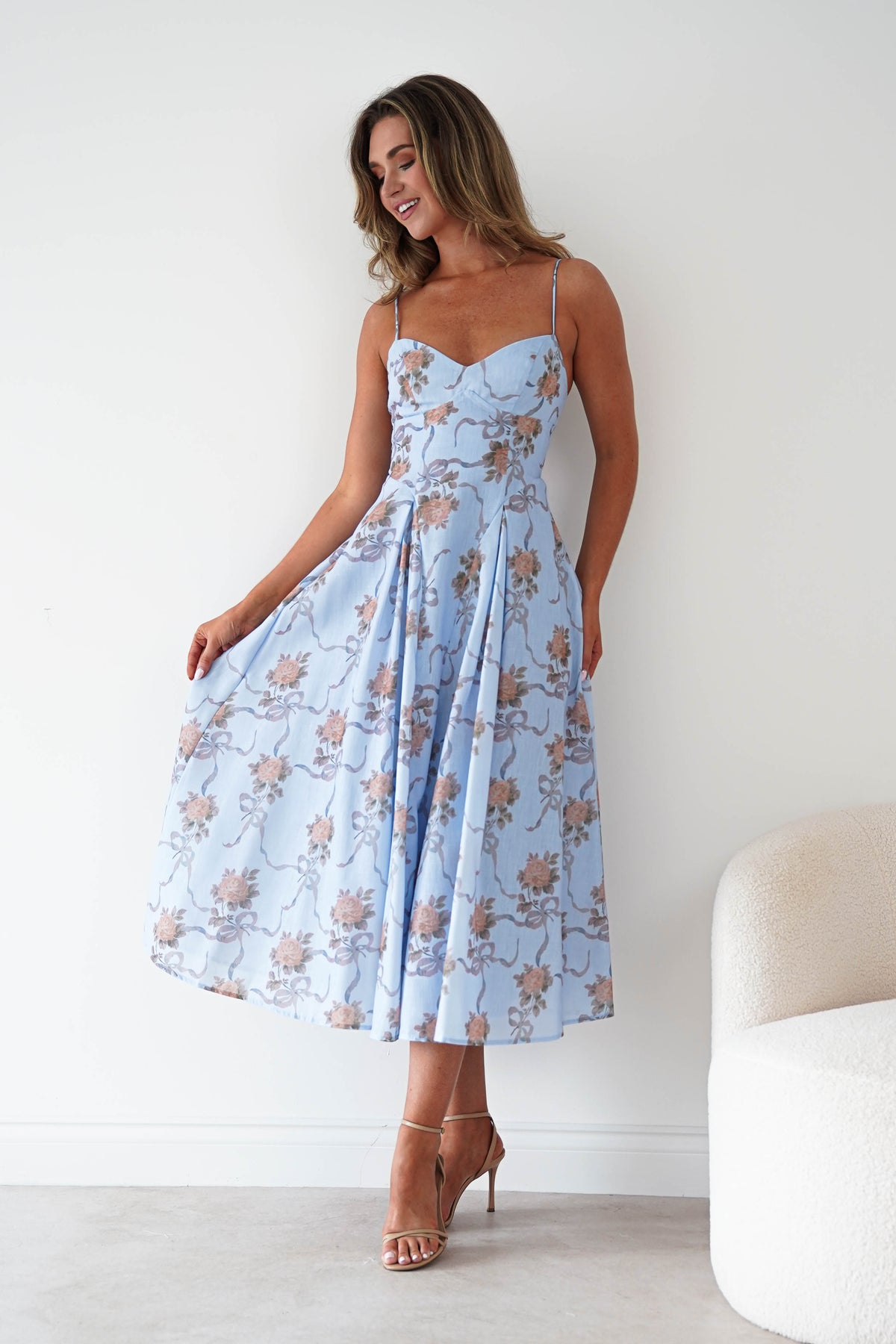 Tess Floral Print Skater Midaxi Dress | Blue-Oh Hello Clothing