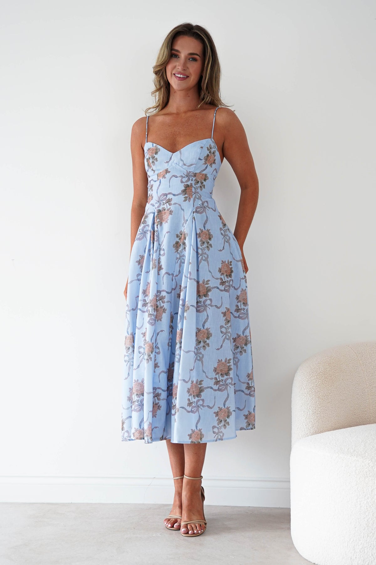 Tess Floral Print Skater Midaxi Dress | Blue-Oh Hello Clothing
