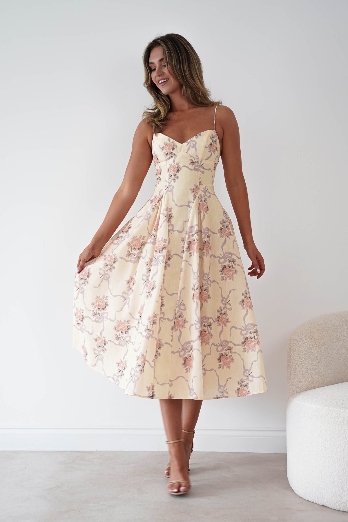 Tess Floral Print Skater Midaxi Dress | Yellow-Oh Hello Clothing