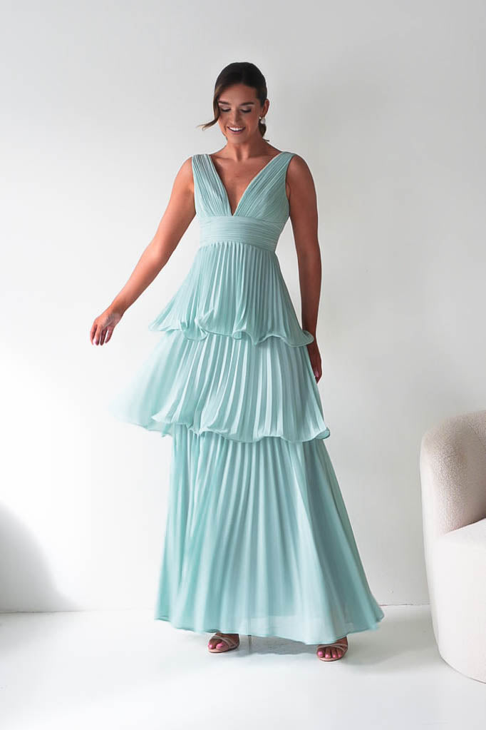 Green Pleated Wedding Guest Maxi Dress | Vina | Oh Hello