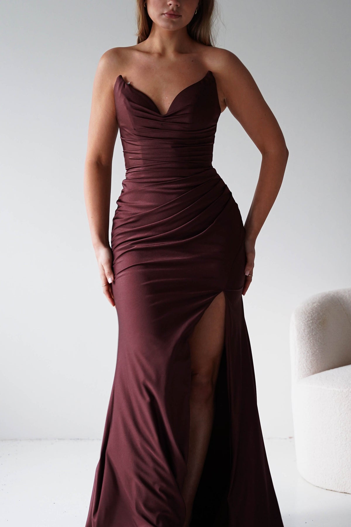 Visenta Ruched Bodice Strapless Gown | Espresso-Oh Hello Clothing