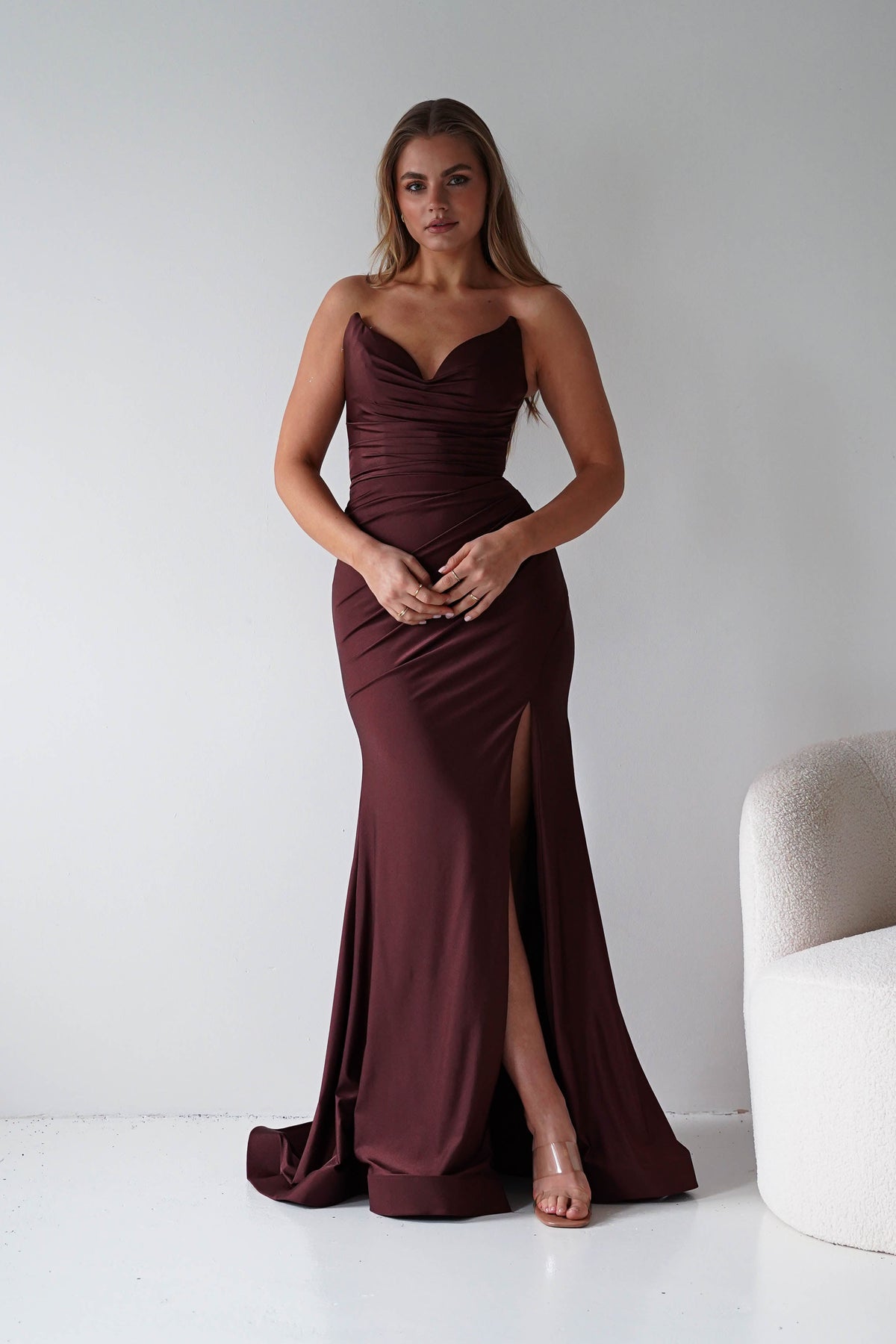 Visenta Ruched Bodice Strapless Gown | Espresso-Oh Hello Clothing