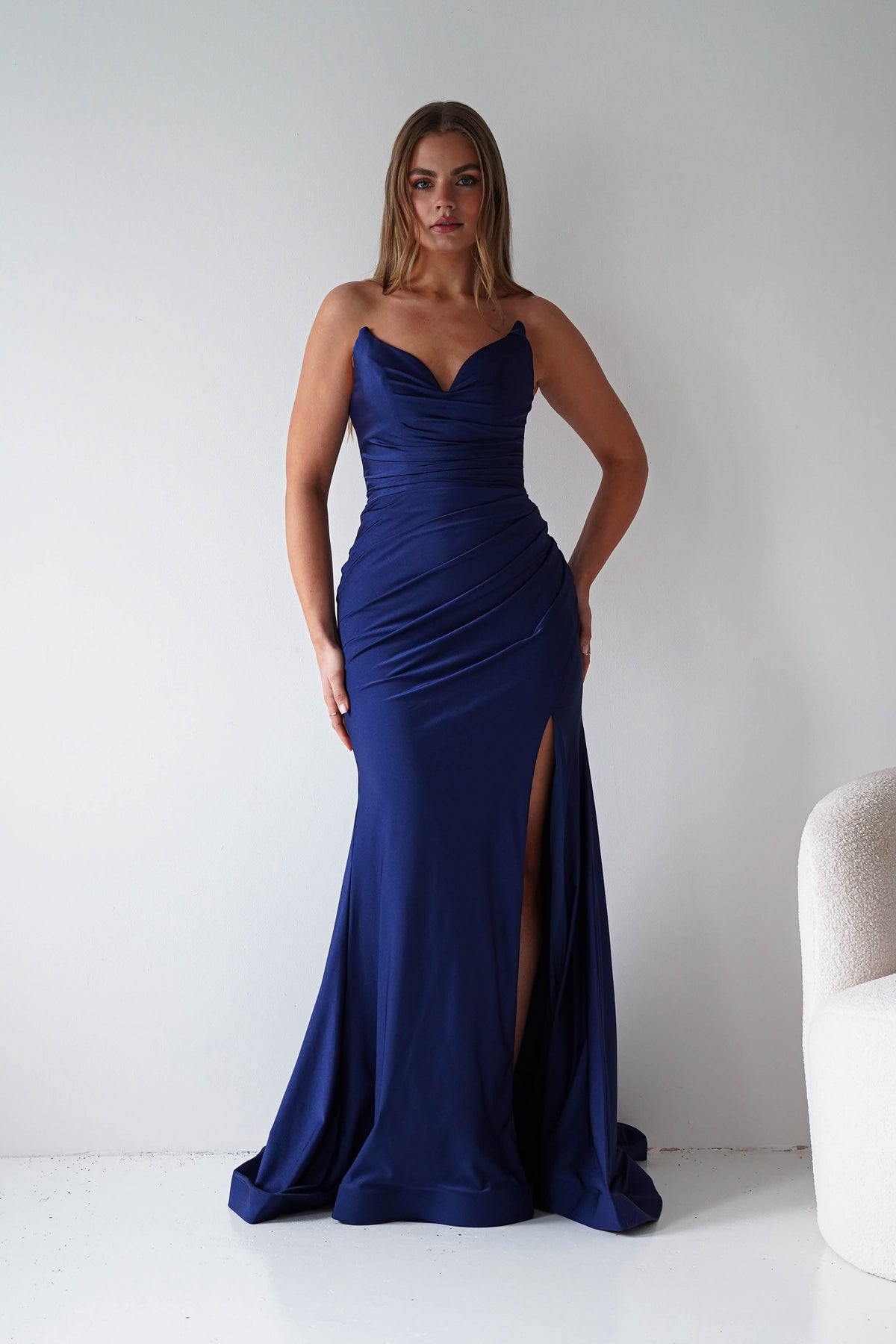 Visenta Ruched Bodice Strapless Gown | Navy-Oh Hello Clothing