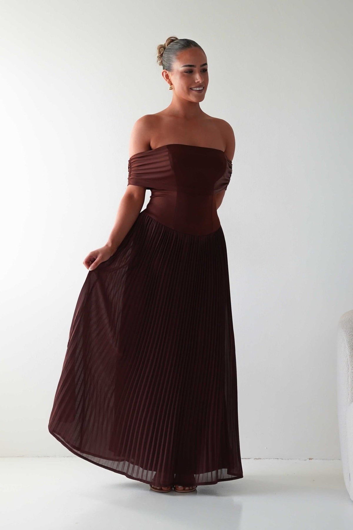 Whitney Pleated Off The Shoulder Maxi Dress | Brown-Oh Hello Clothing