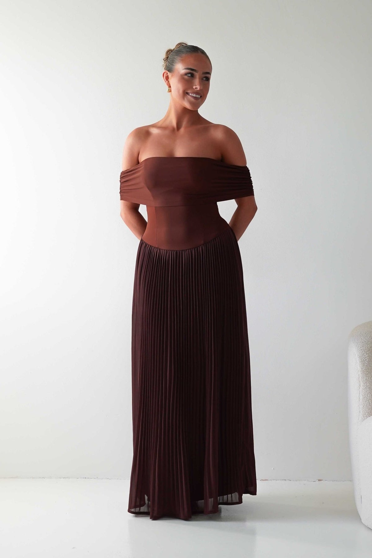 Whitney Pleated Off The Shoulder Maxi Dress | Brown-Oh Hello Clothing