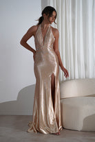 Adeline Rhinestone Halterneck Gown | Gold | Debs & Prom | Formal Gown | Oh Hello Clothing