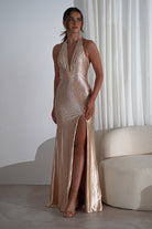 Adeline Rhinestone Halterneck Gown | Gold | Debs & Prom | Formal Gown | Oh Hello Clothing