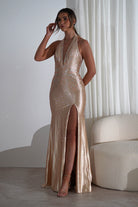 Adeline Rhinestone Halterneck Gown | Gold | Debs & Prom | Formal Gown | Oh Hello Clothing