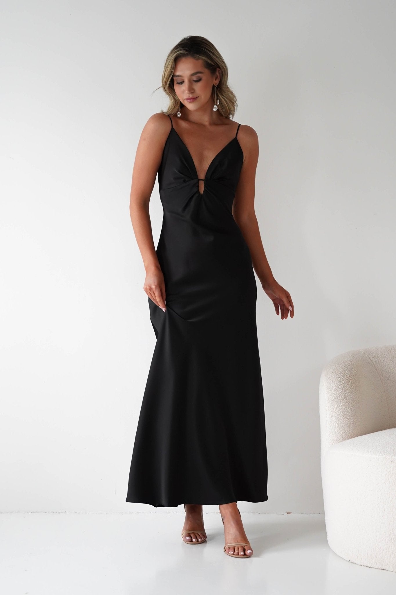 Adley Soft Satin Maxi Dress – Black Tie Satin Evening Gown | Oh Hello Clothing