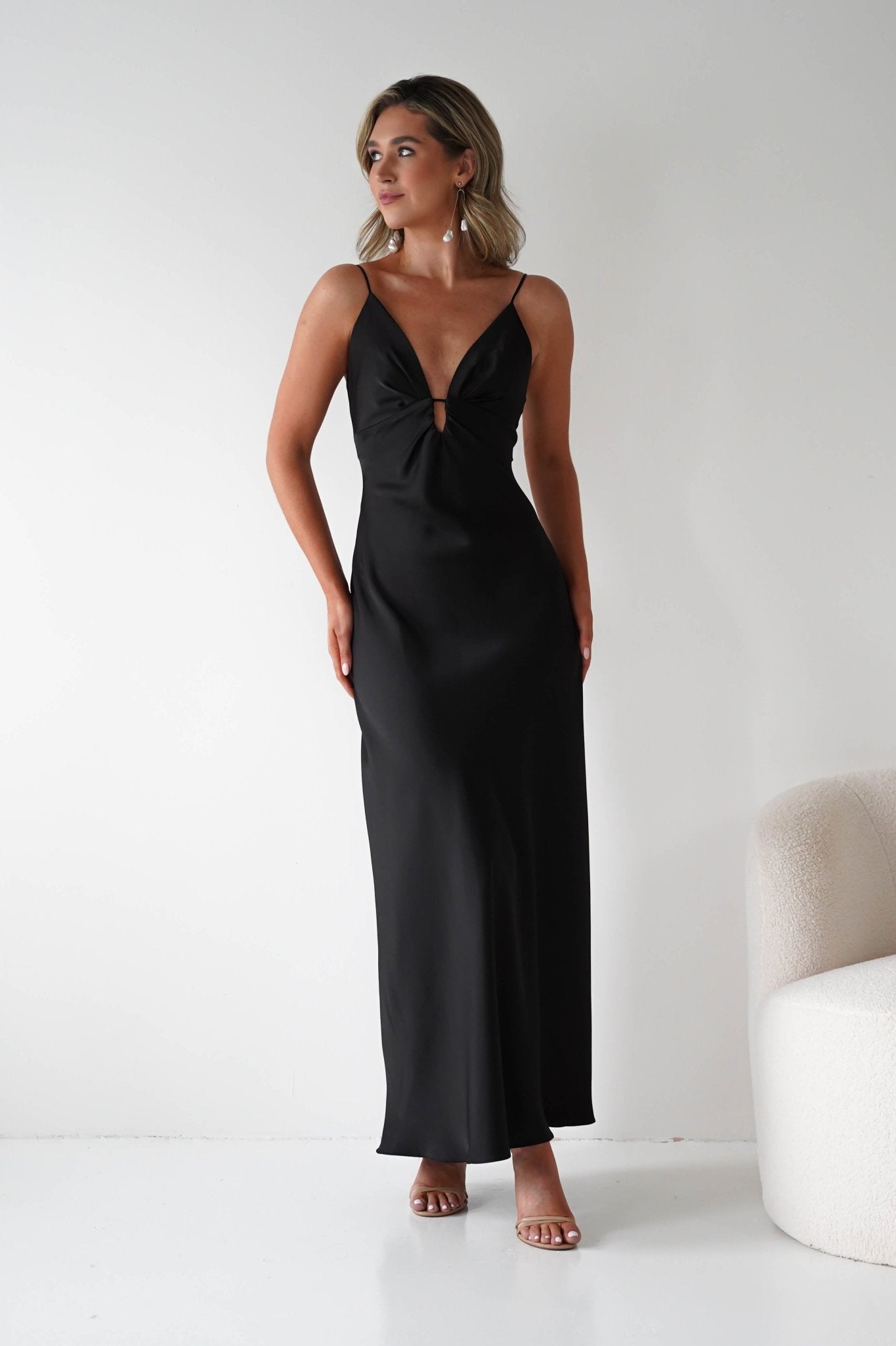 Adley Soft Satin Maxi Dress – Black Tie Satin Evening Gown | Oh Hello Clothing