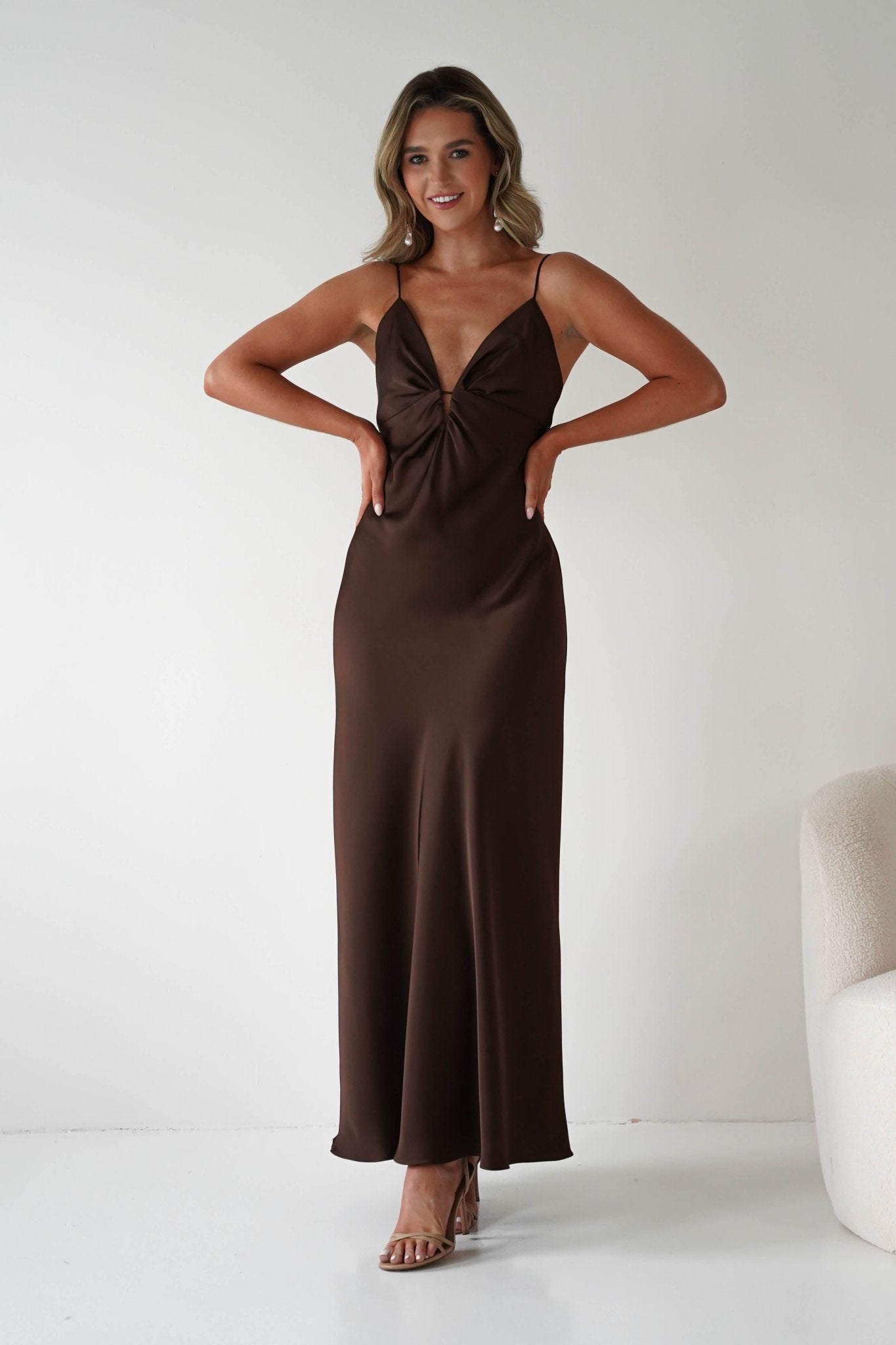 Adley Soft Satin Maxi Dress – Brown Satin Evening Gown | Oh Hello Clothing
