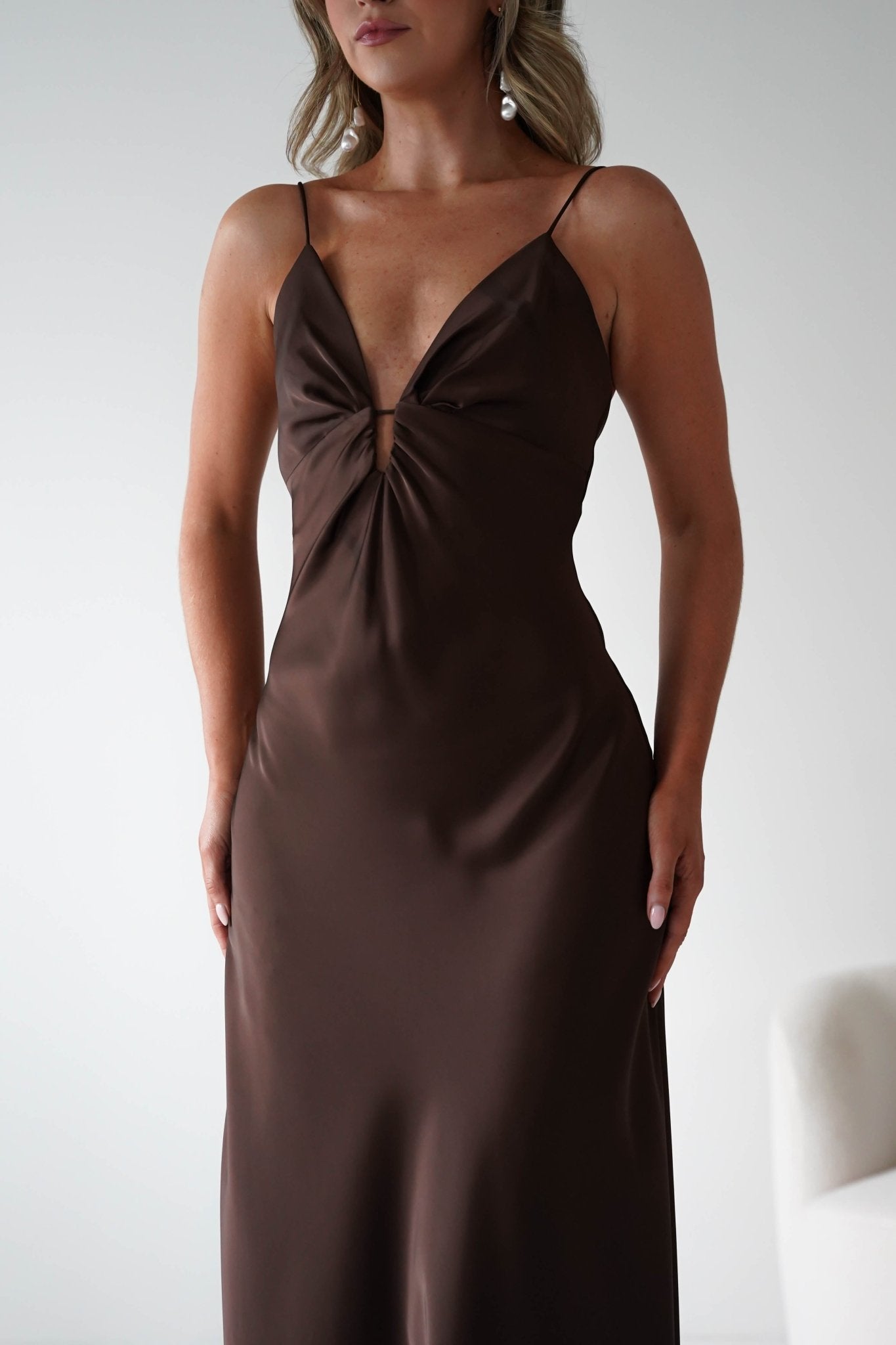 Adley Soft Satin Maxi Dress – Brown Satin Evening Gown | Oh Hello Clothing