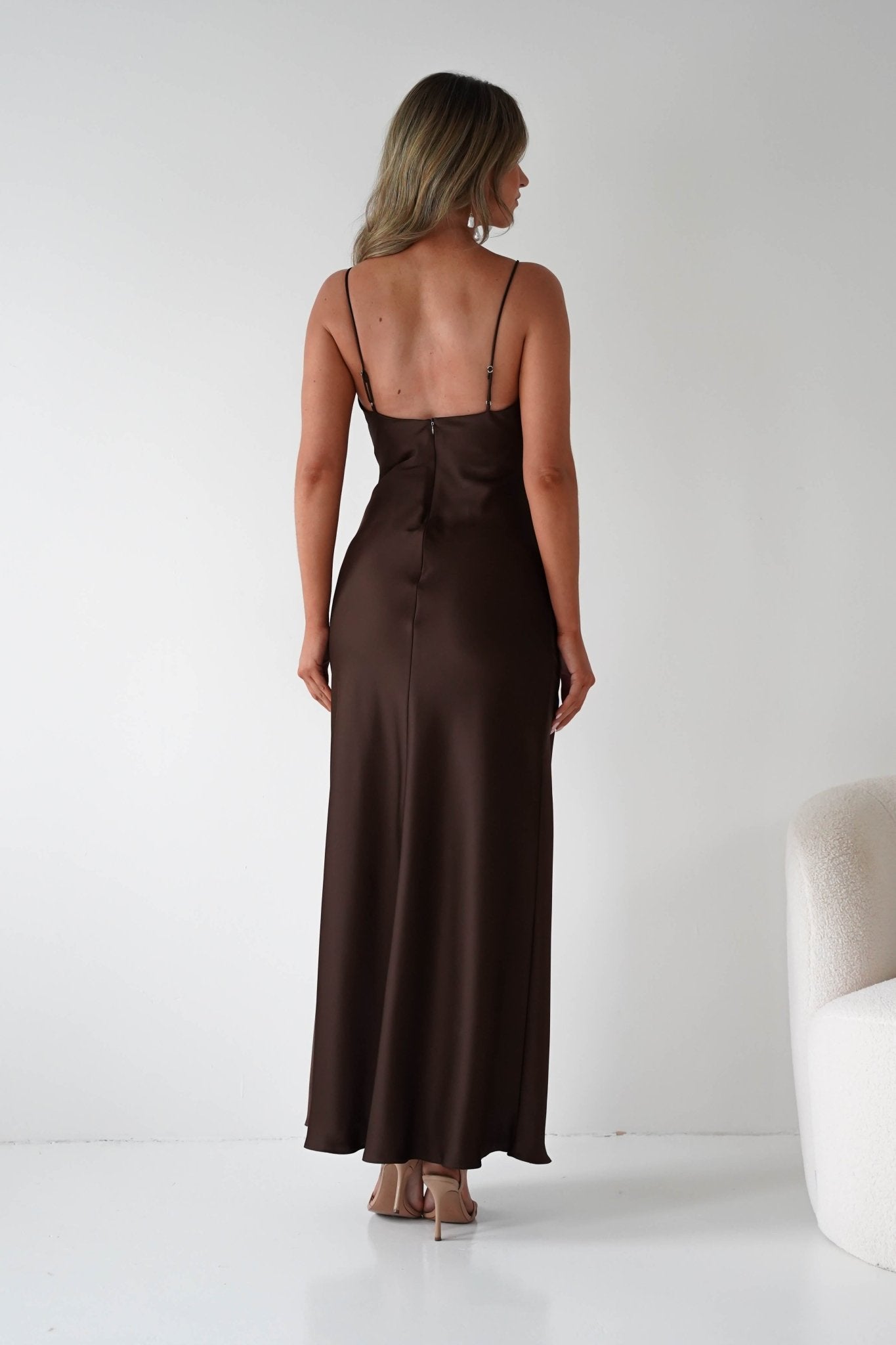Adley Soft Satin Maxi Dress – Brown Satin Evening Gown | Oh Hello Clothing