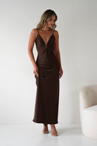 Adley Soft Satin Maxi Dress – Brown Satin Evening Gown | Oh Hello Clothing