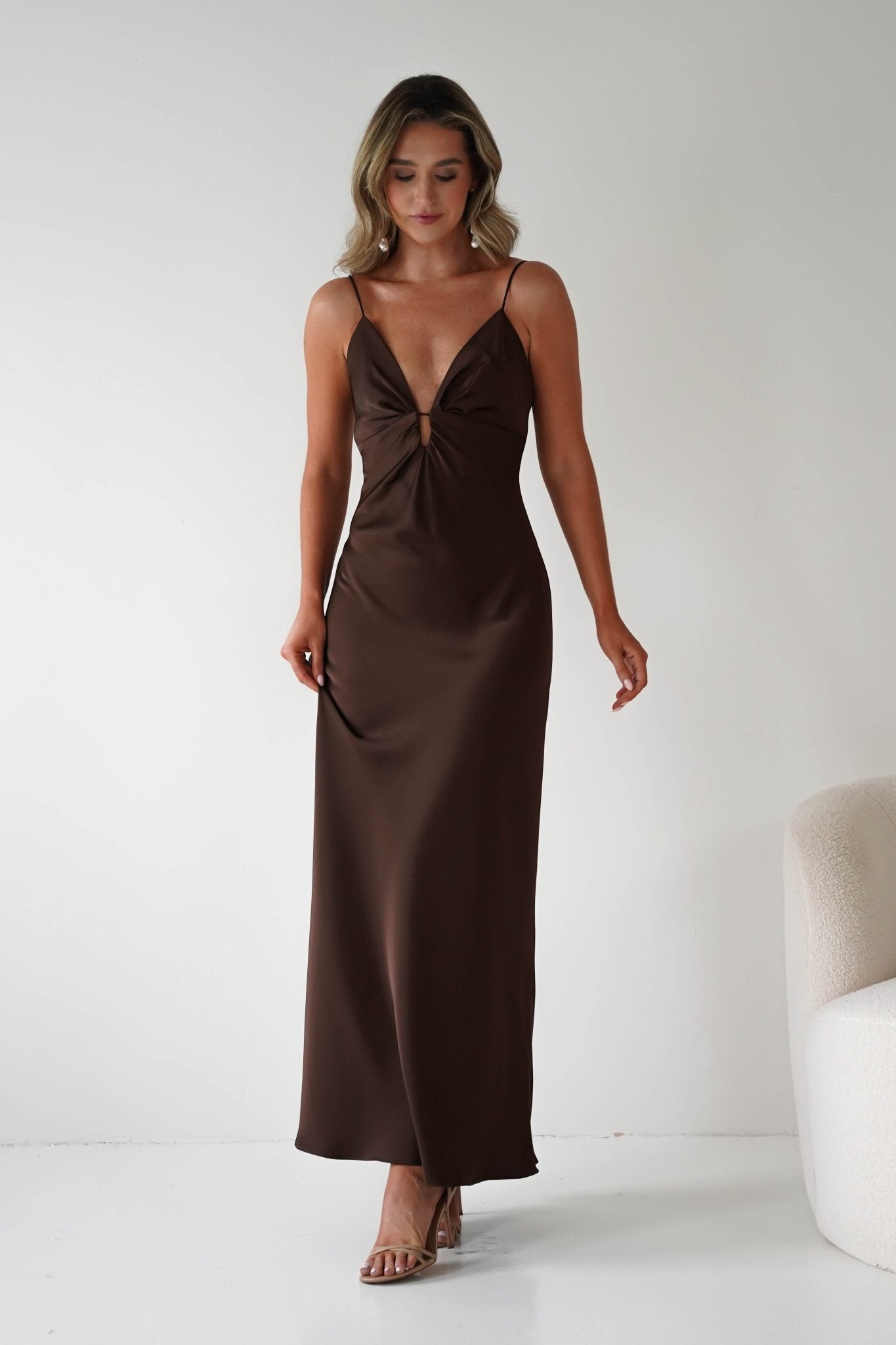 Adley Soft Satin Maxi Dress – Brown Satin Evening Gown | Oh Hello Clothing