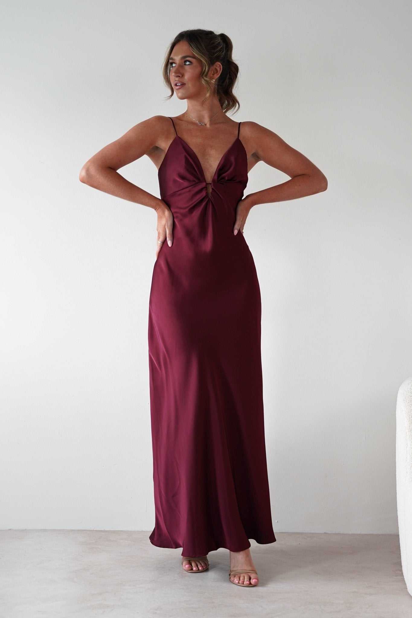 Adley Soft Satin Maxi Dress Burgundy | Wedding Guest Dress | Maxi | Satin | Oh Hello Clothing