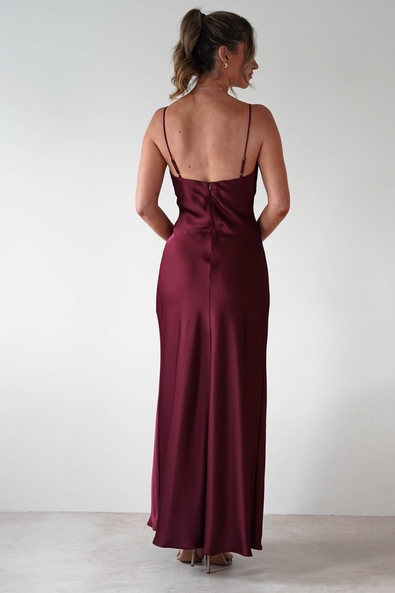 Adley Soft Satin Maxi Dress Burgundy | Wedding Guest Dress | Maxi | Satin | Oh Hello Clothing
