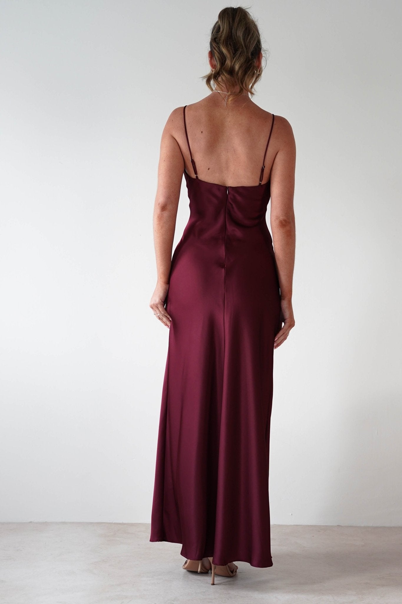 Adley Soft Satin Maxi Dress Burgundy | Wedding Guest Dress | Maxi | Satin | Oh Hello Clothing