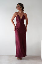 Adley Soft Satin Maxi Dress Burgundy | Wedding Guest Dress | Maxi | Satin | Oh Hello Clothing