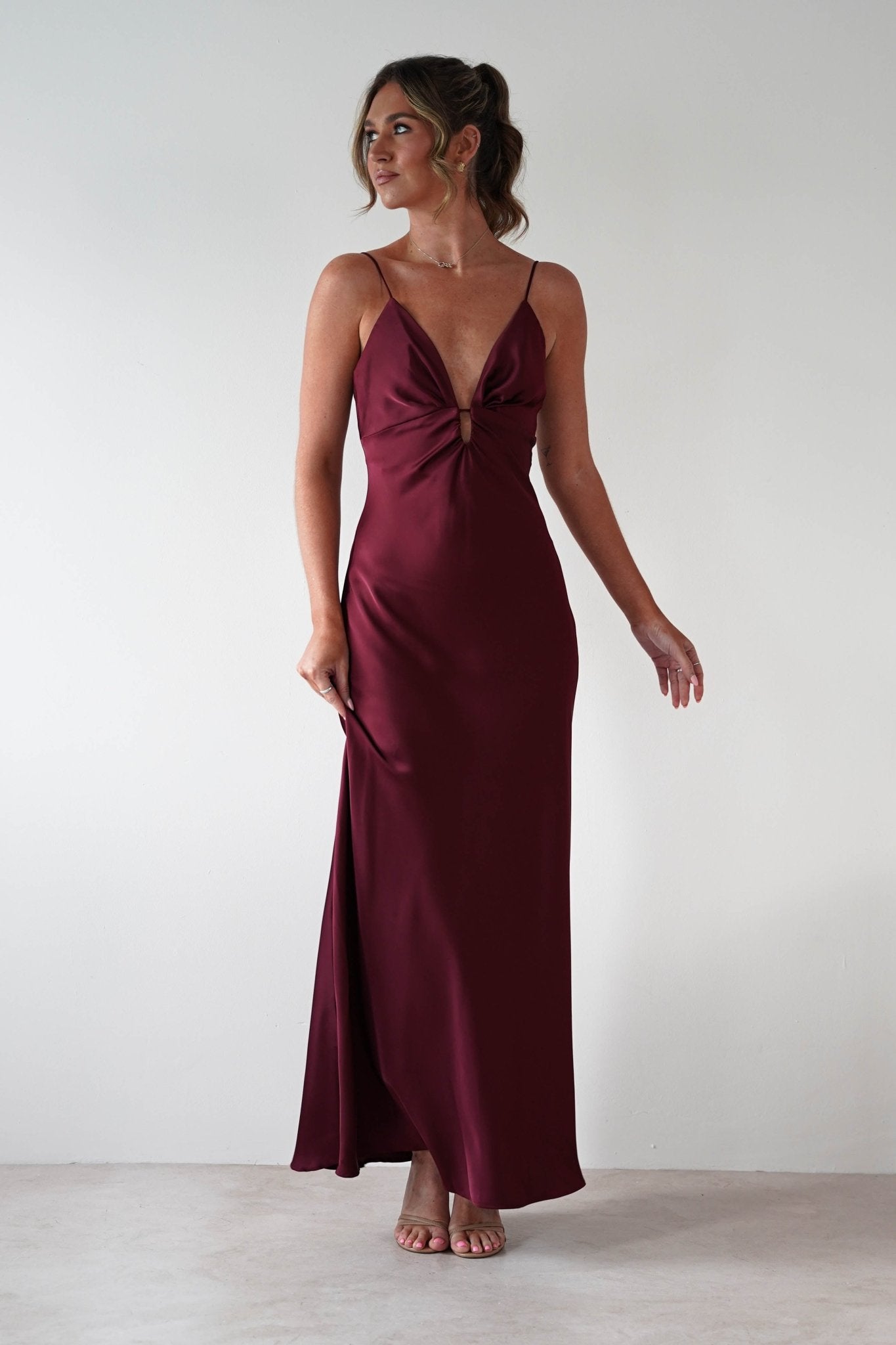 Adley Soft Satin Maxi Dress Burgundy | Wedding Guest Dress | Maxi | Satin | Oh Hello Clothing